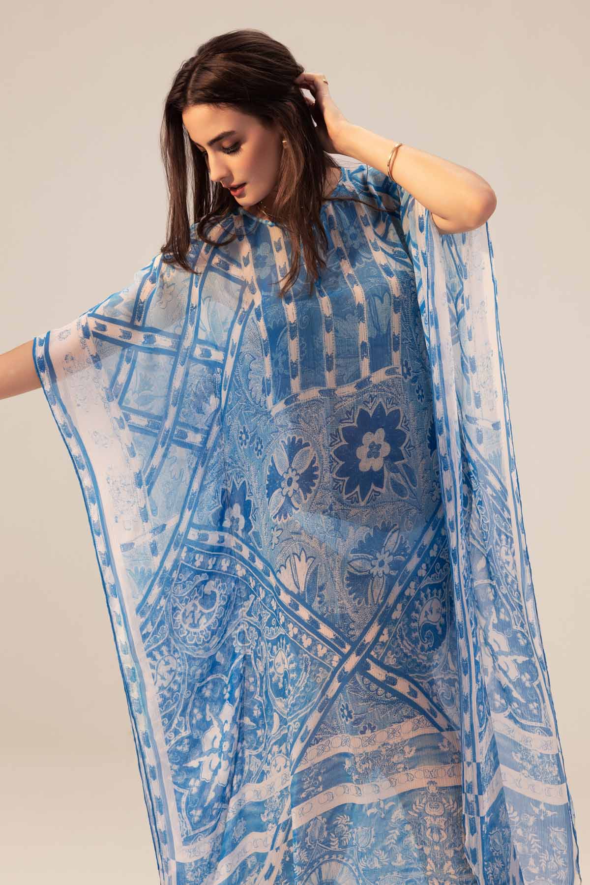 Blue Georgette Print Long Kaftan