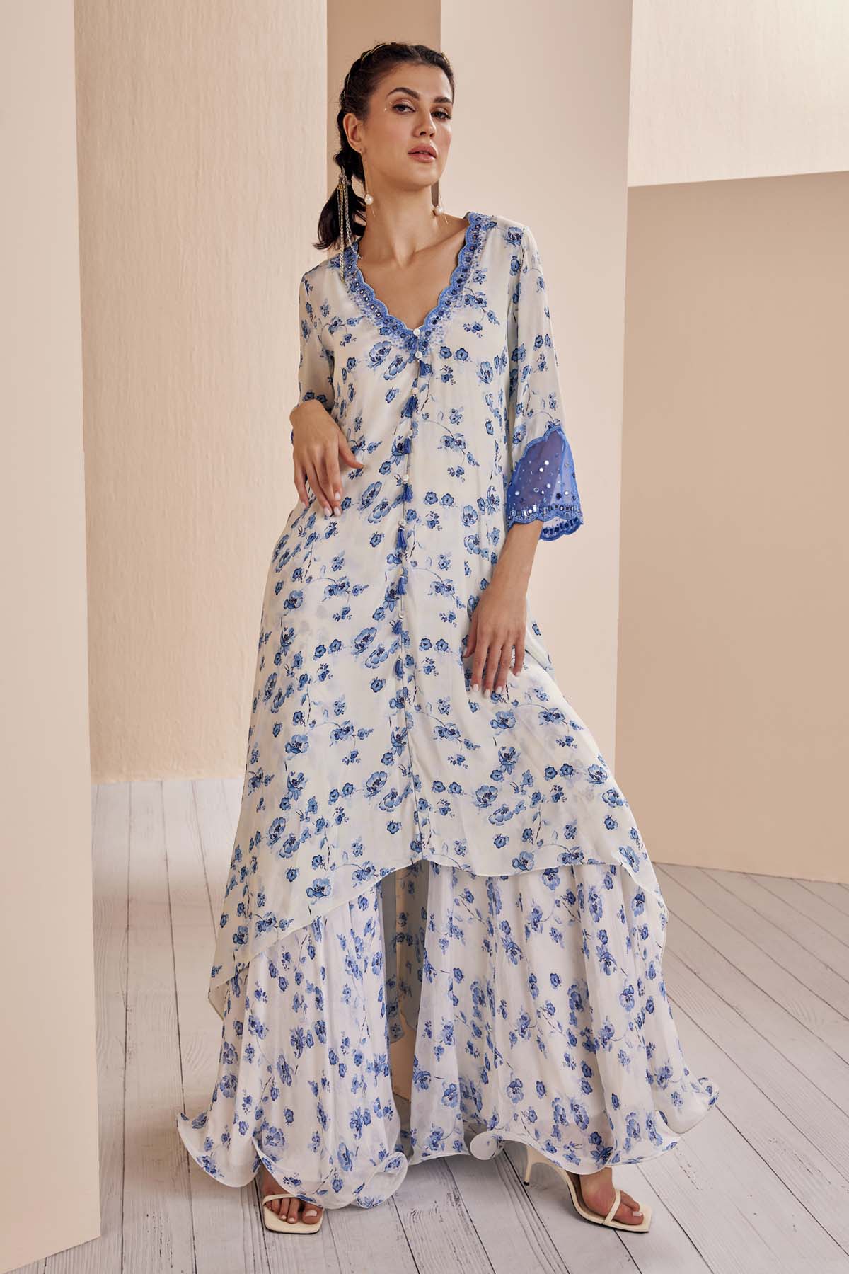 Blue Floral Asymmetric Kurta Set