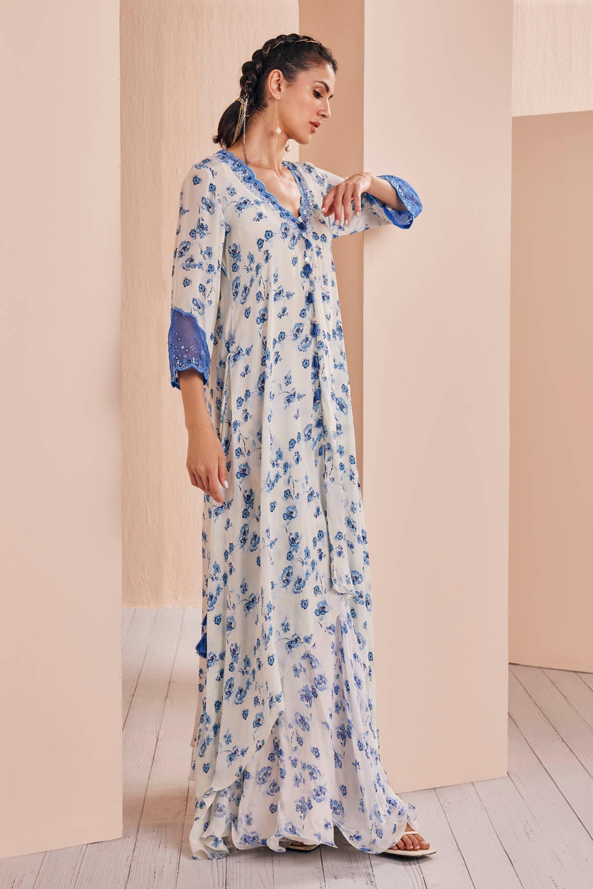 Blue Floral Asymmetric Kurta Set