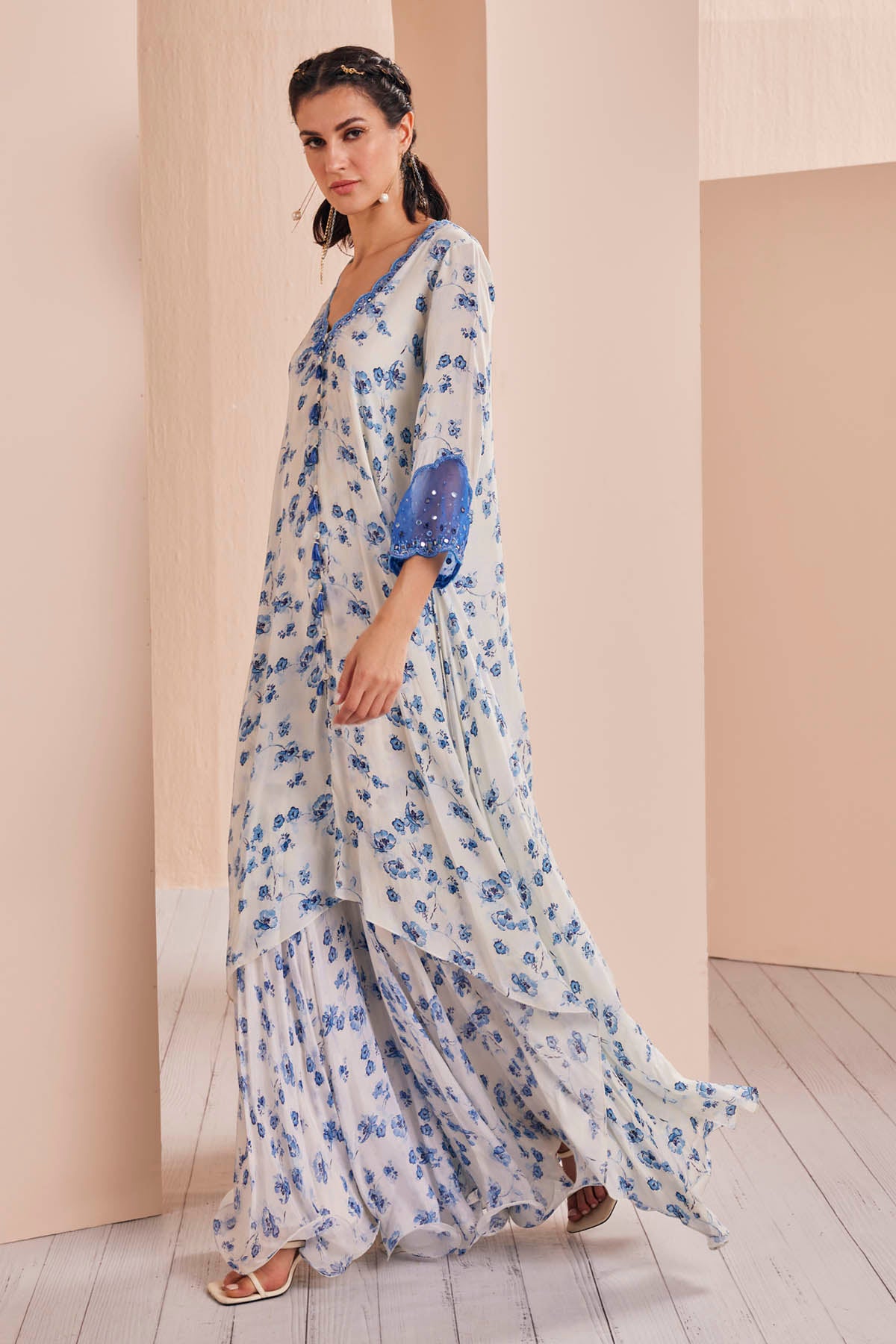 Blue Floral Asymmetric Kurta Set