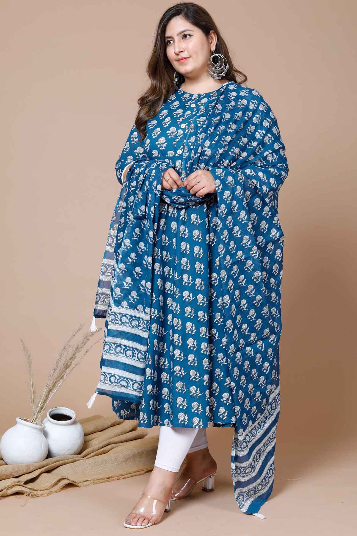 Blue Floral Kurta With Dupatta
