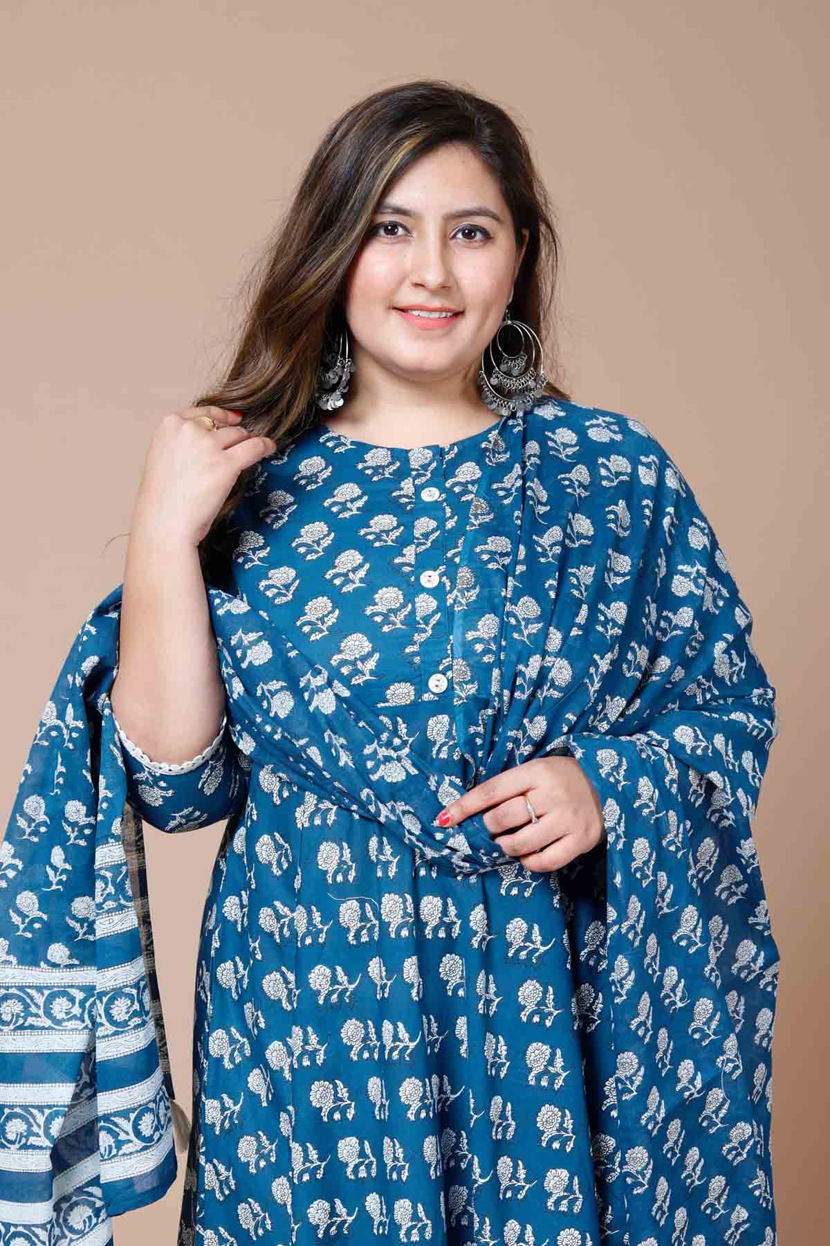 Blue Floral Kurta With Dupatta