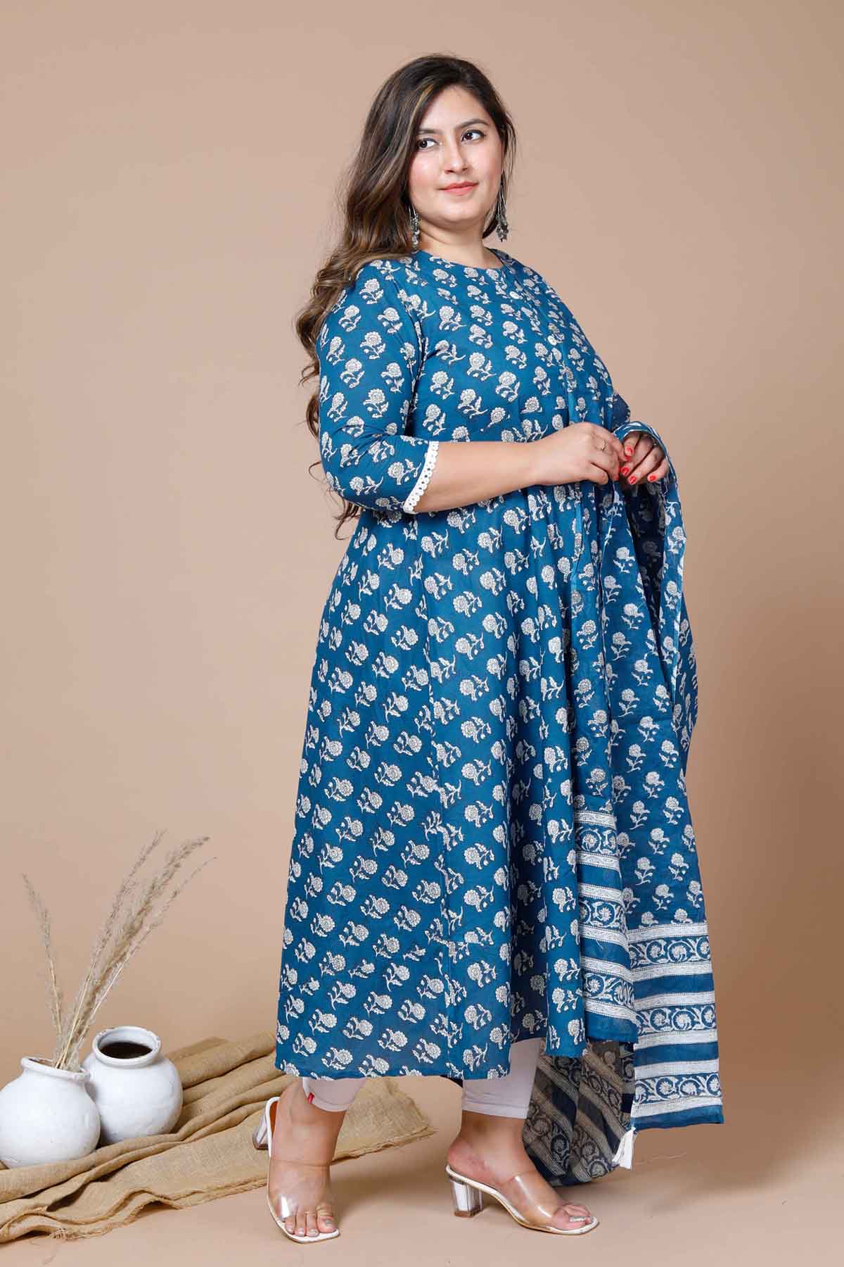 Blue Floral Kurta With Dupatta
