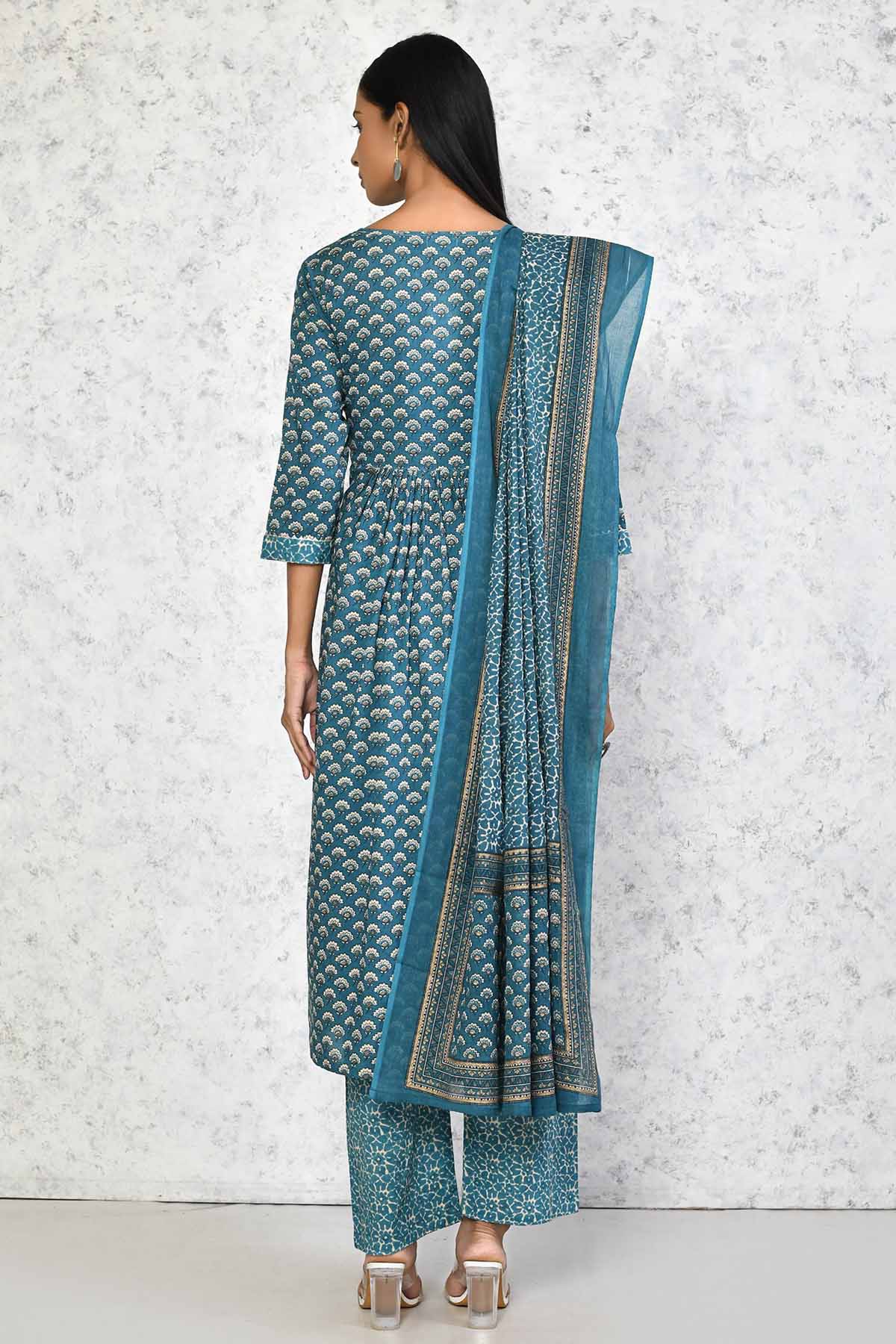 Blue Printed Cotton Kurta Set
