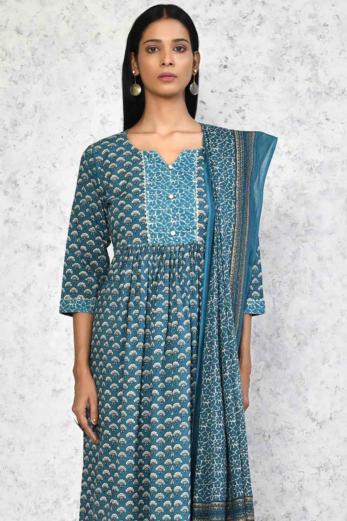 Blue Printed Cotton Kurta Set