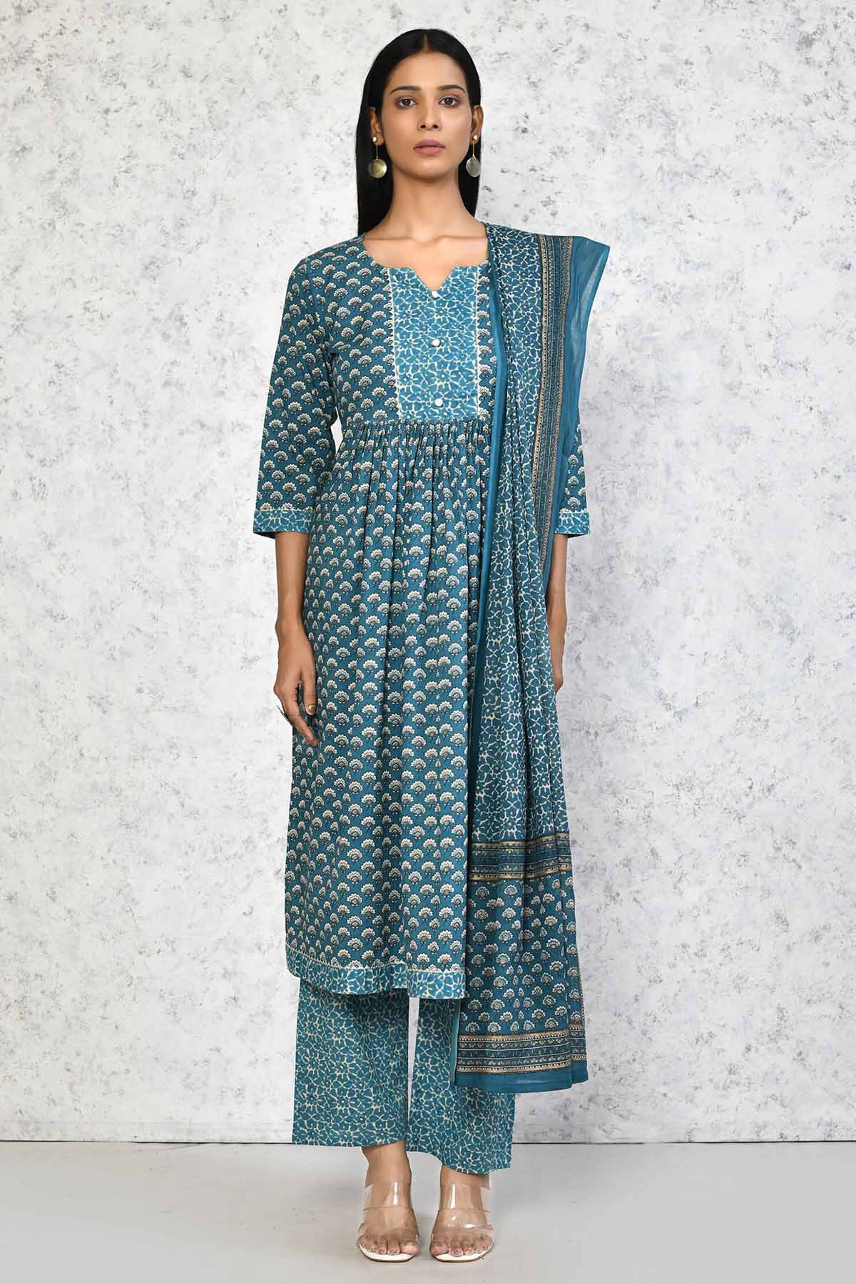 Blue Printed Cotton Kurta Set