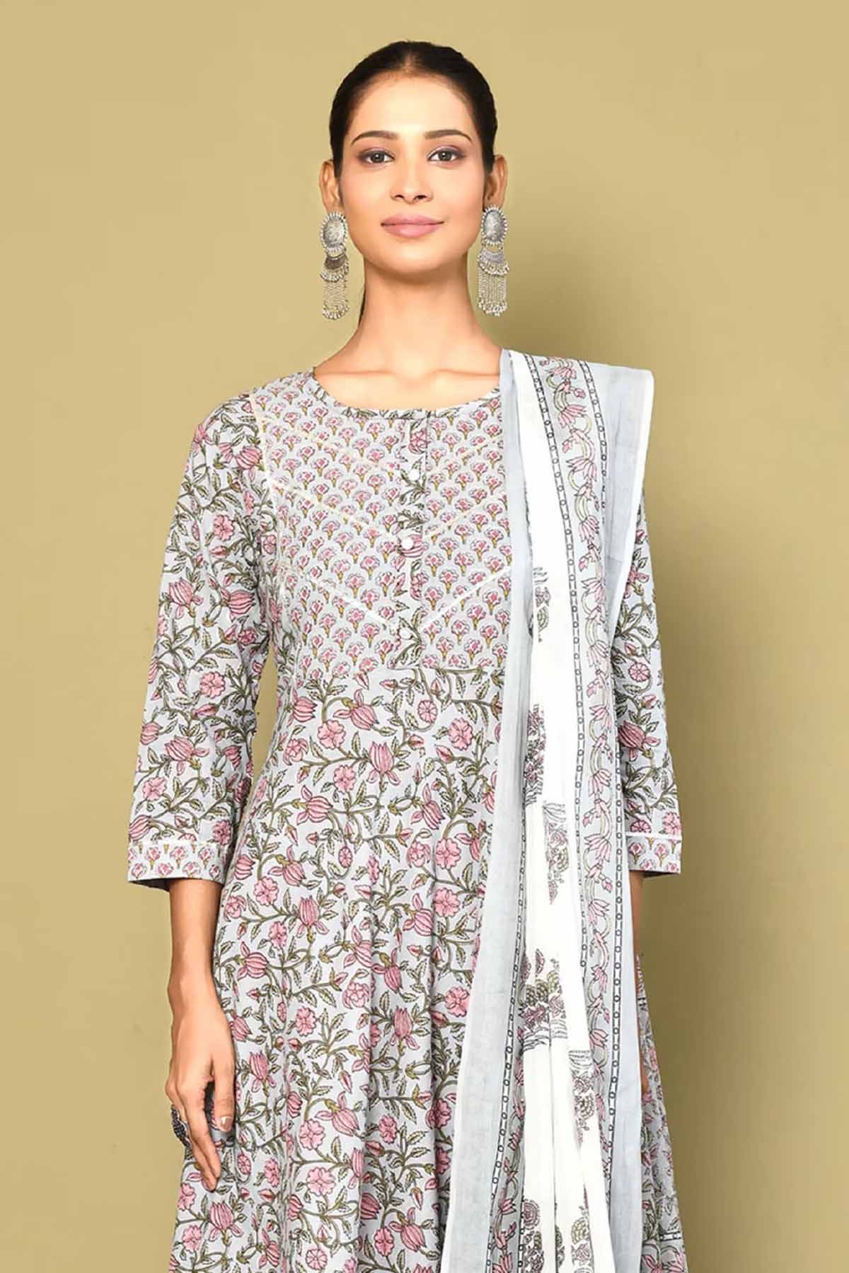 Blue Floral Print Kurta & Dupatta