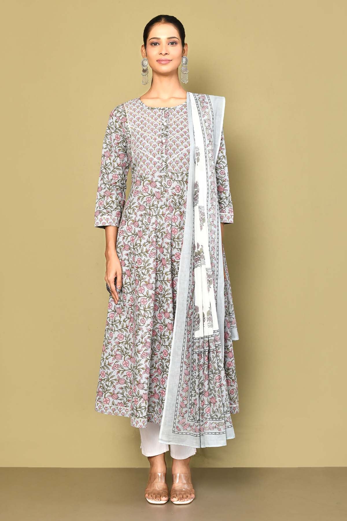 Blue Floral Print Kurta & Dupatta