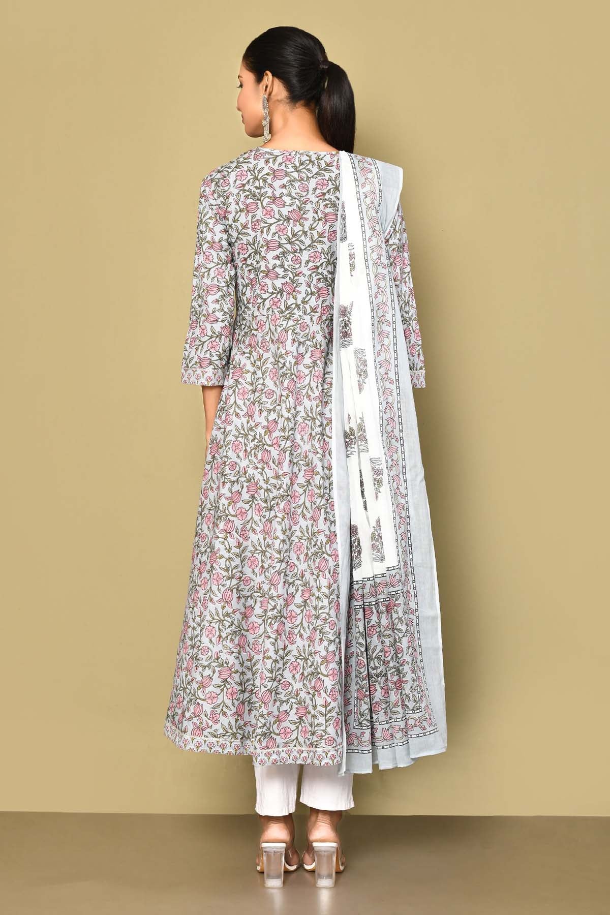 Blue Floral Print Kurta & Dupatta