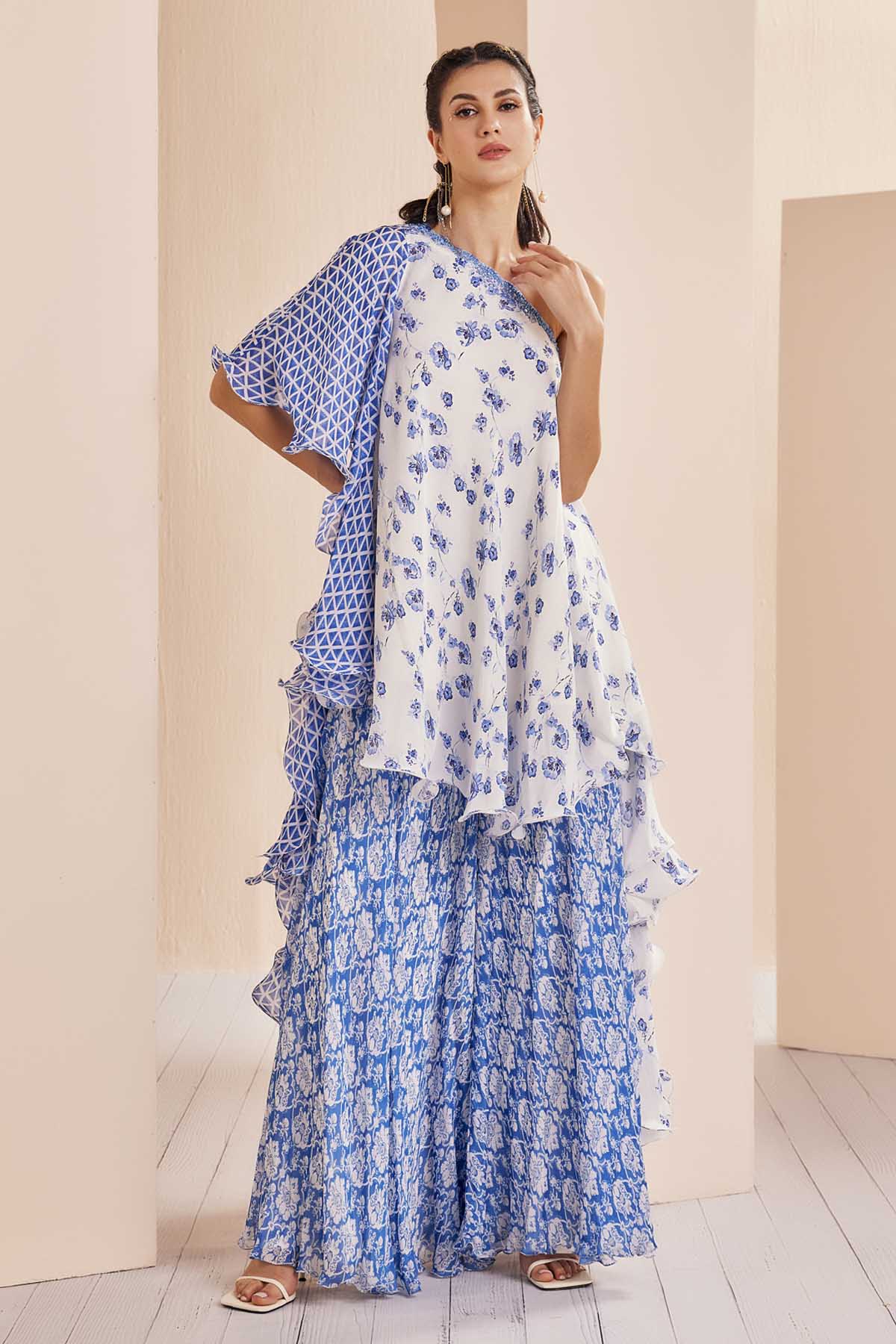 Blue One Shoulder Tunic Set