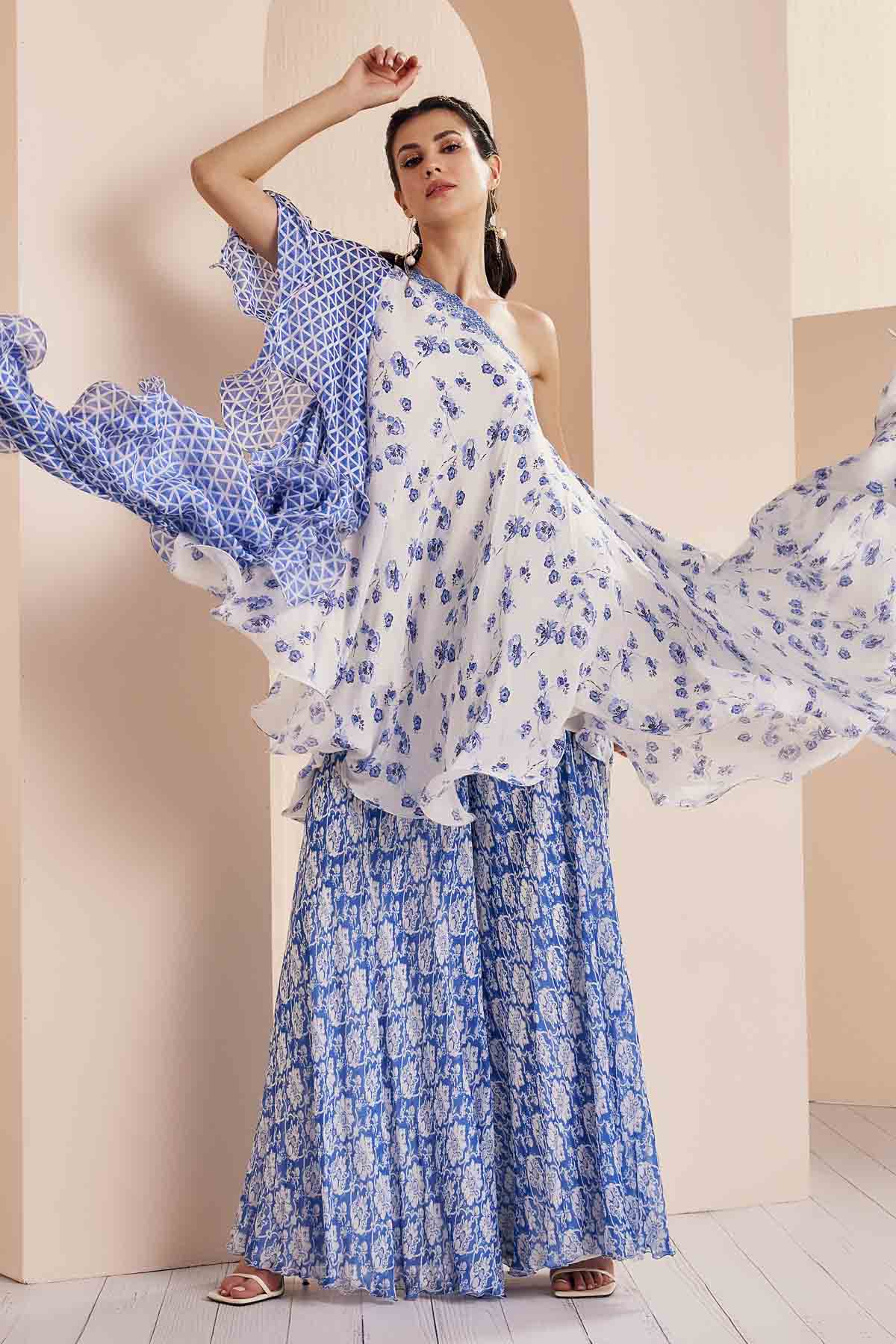 Blue One Shoulder Tunic Set