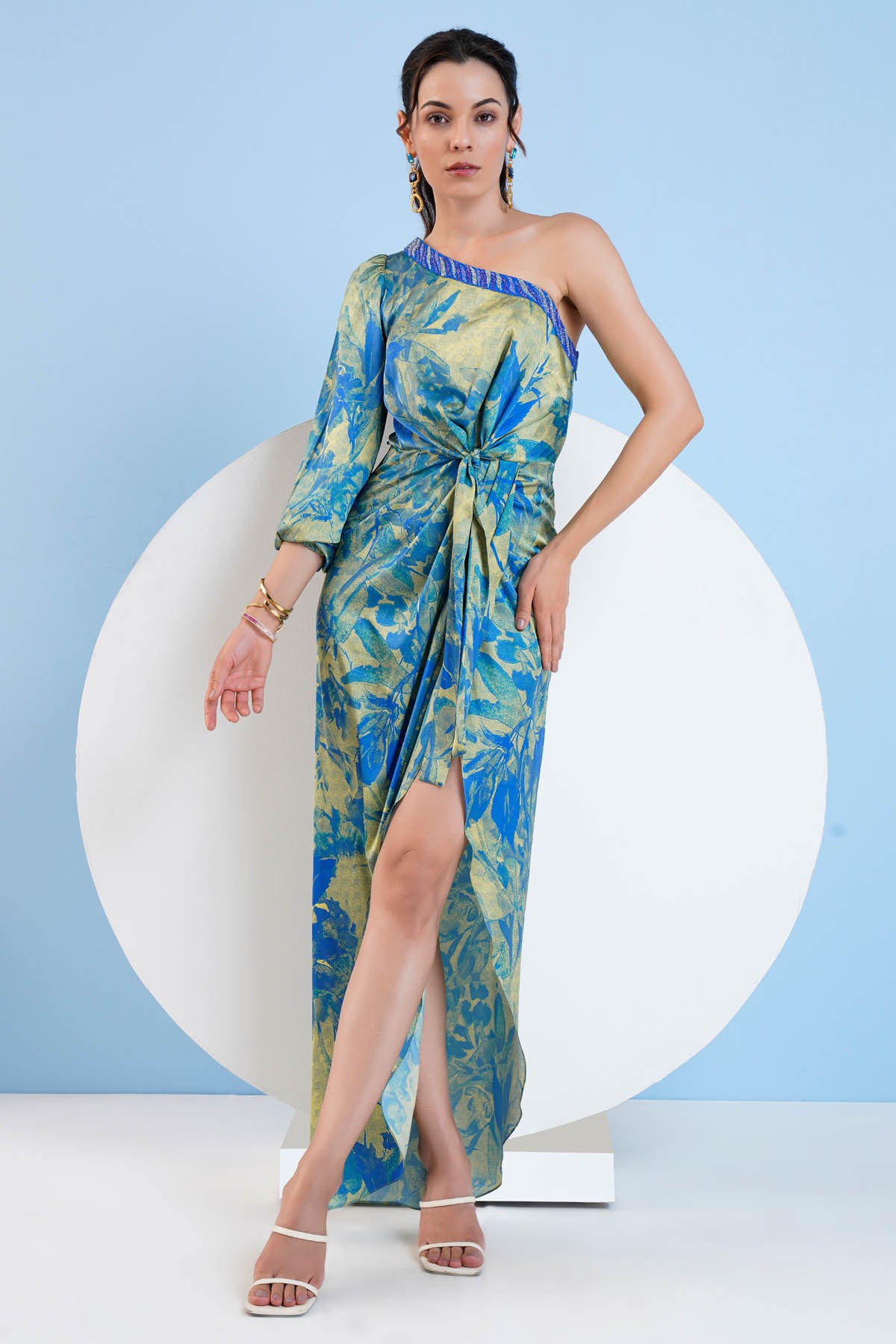 Blue Gold One Shoulder Dress