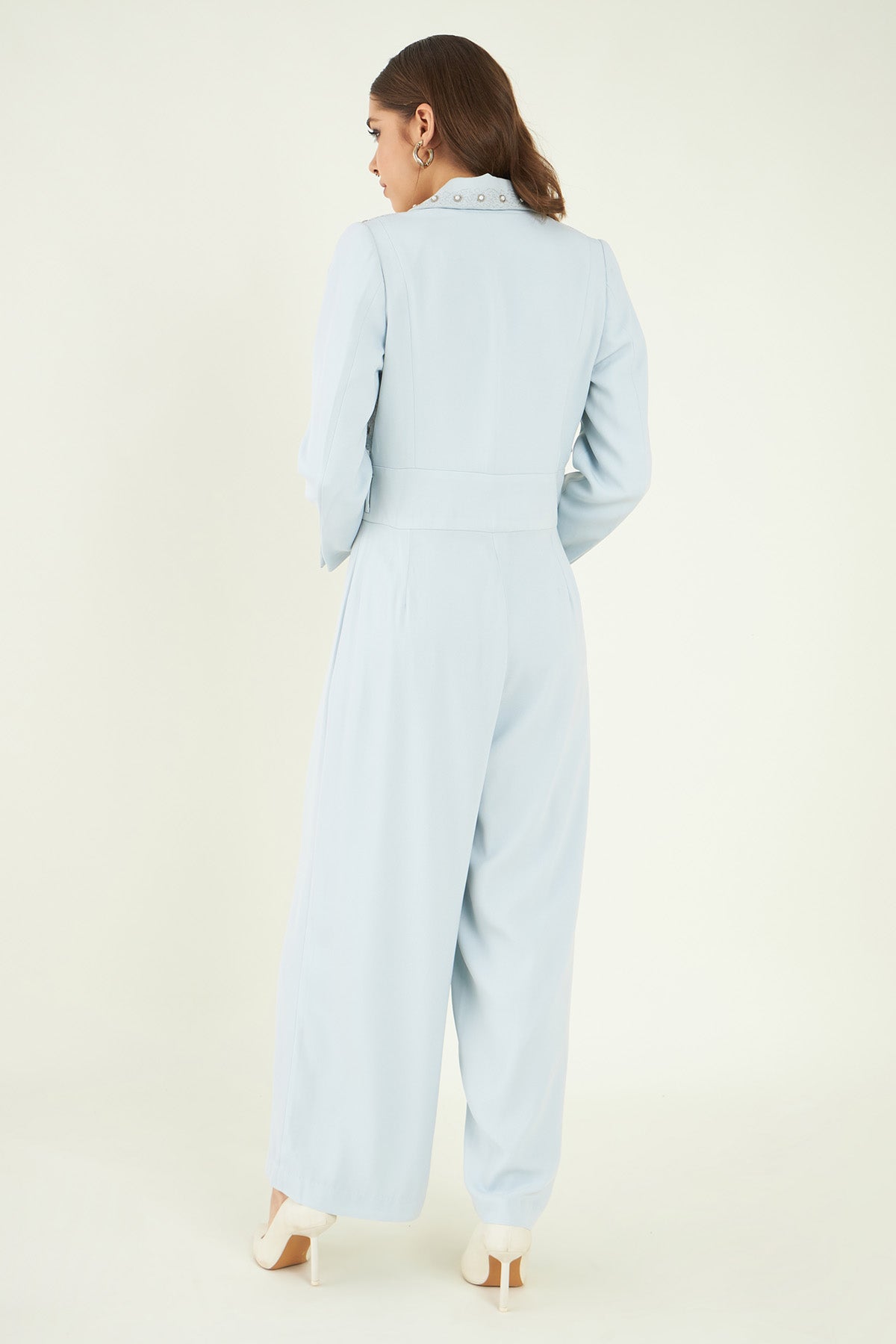 Blue Lapel Collar Jumpsuit