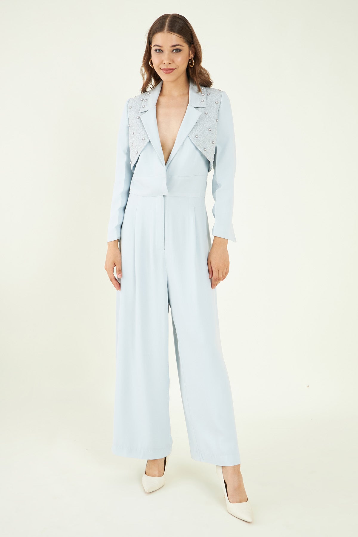 Blue Lapel Collar Jumpsuit