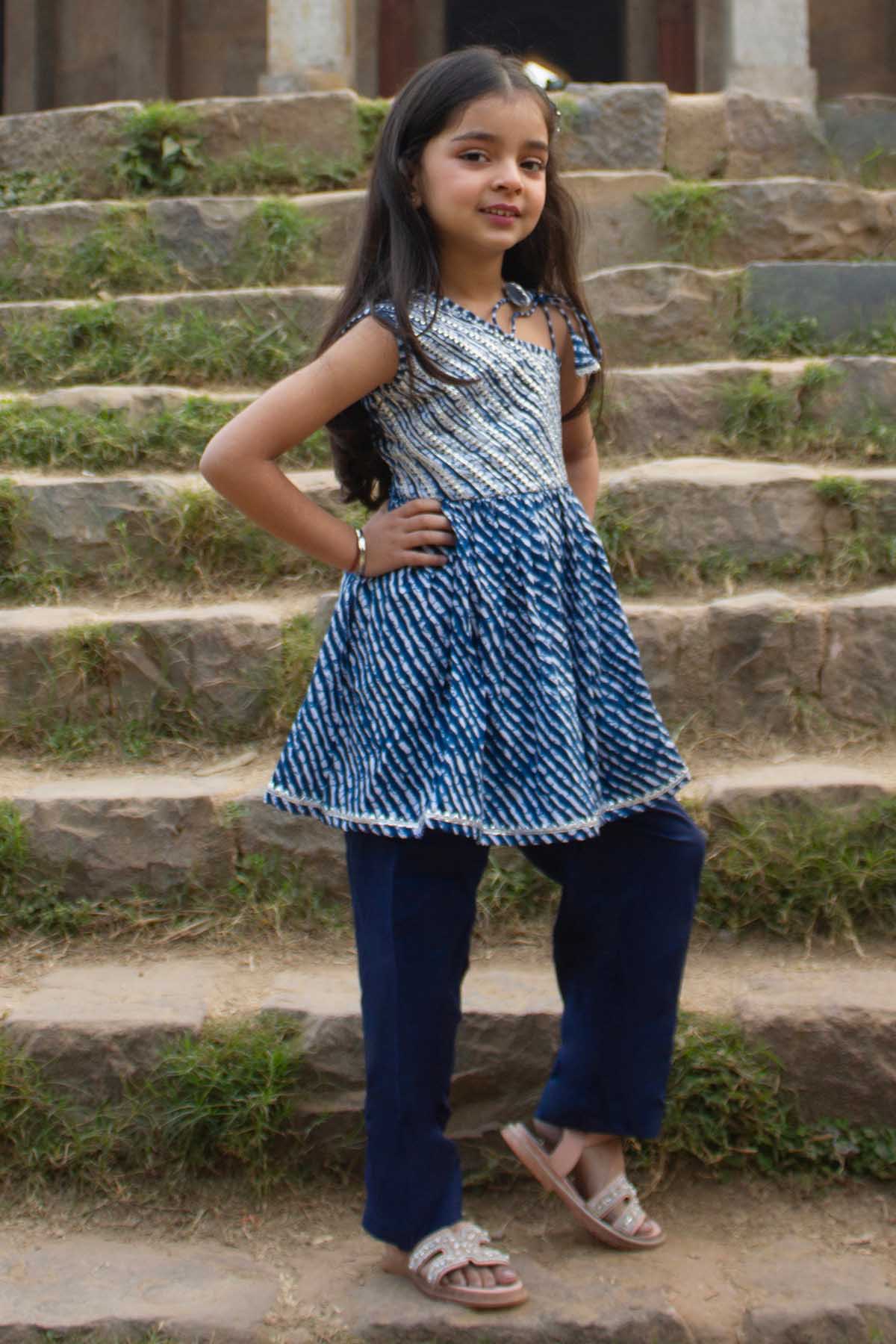 Blue Leheriya Cotton Kurta Set