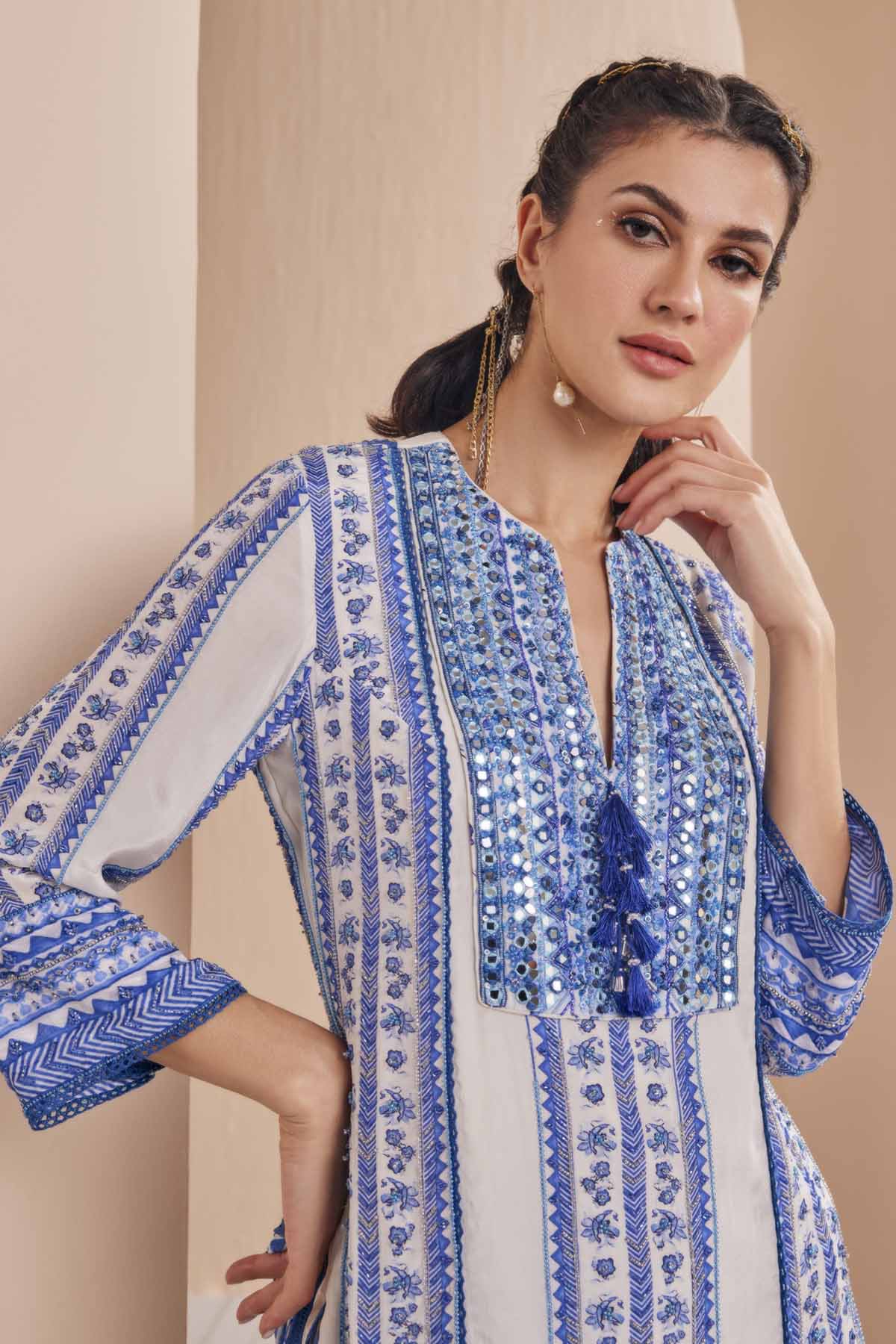 Blue Print Embroidered Kurta Set