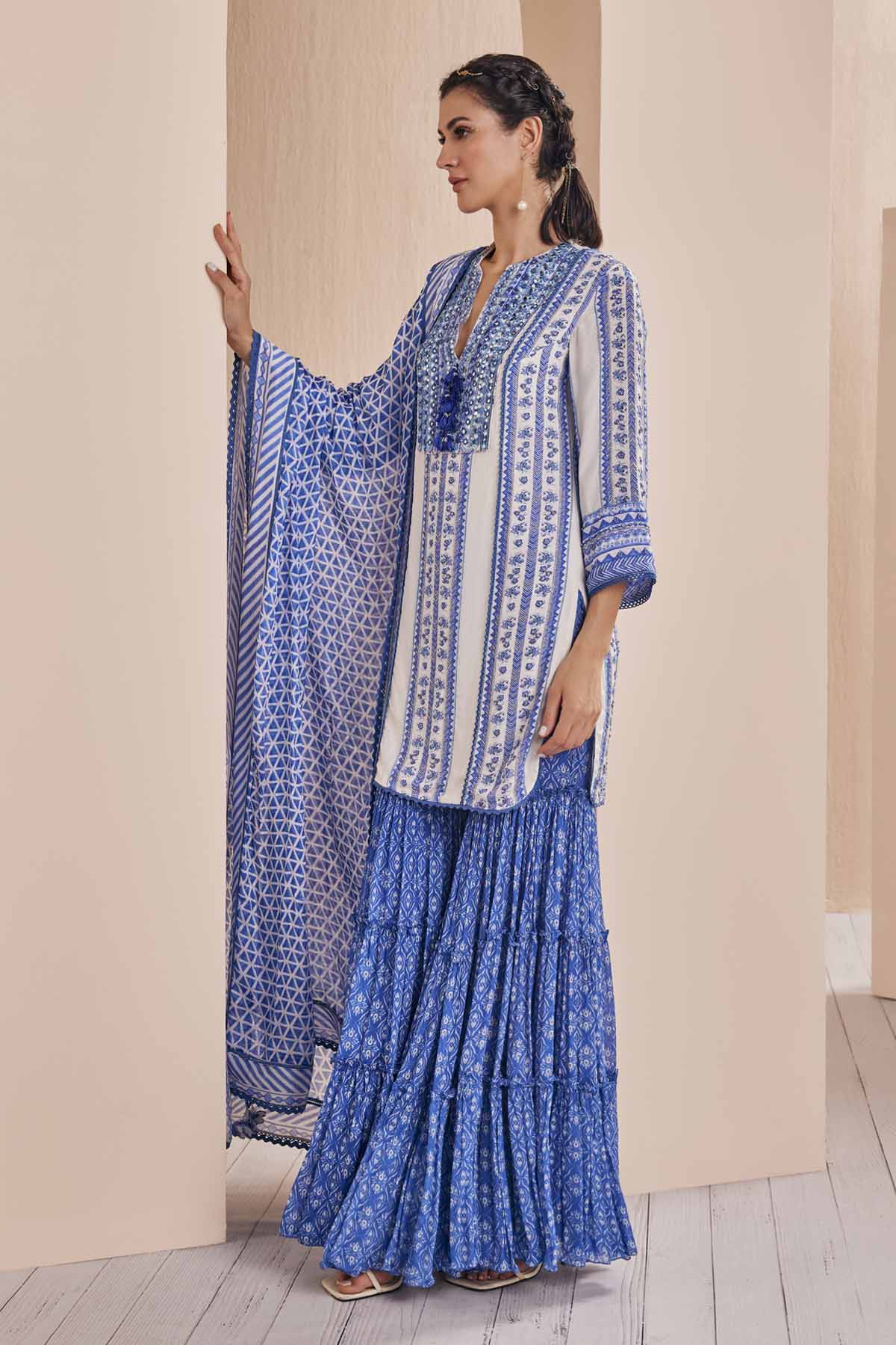 Blue Print Embroidered Kurta Set