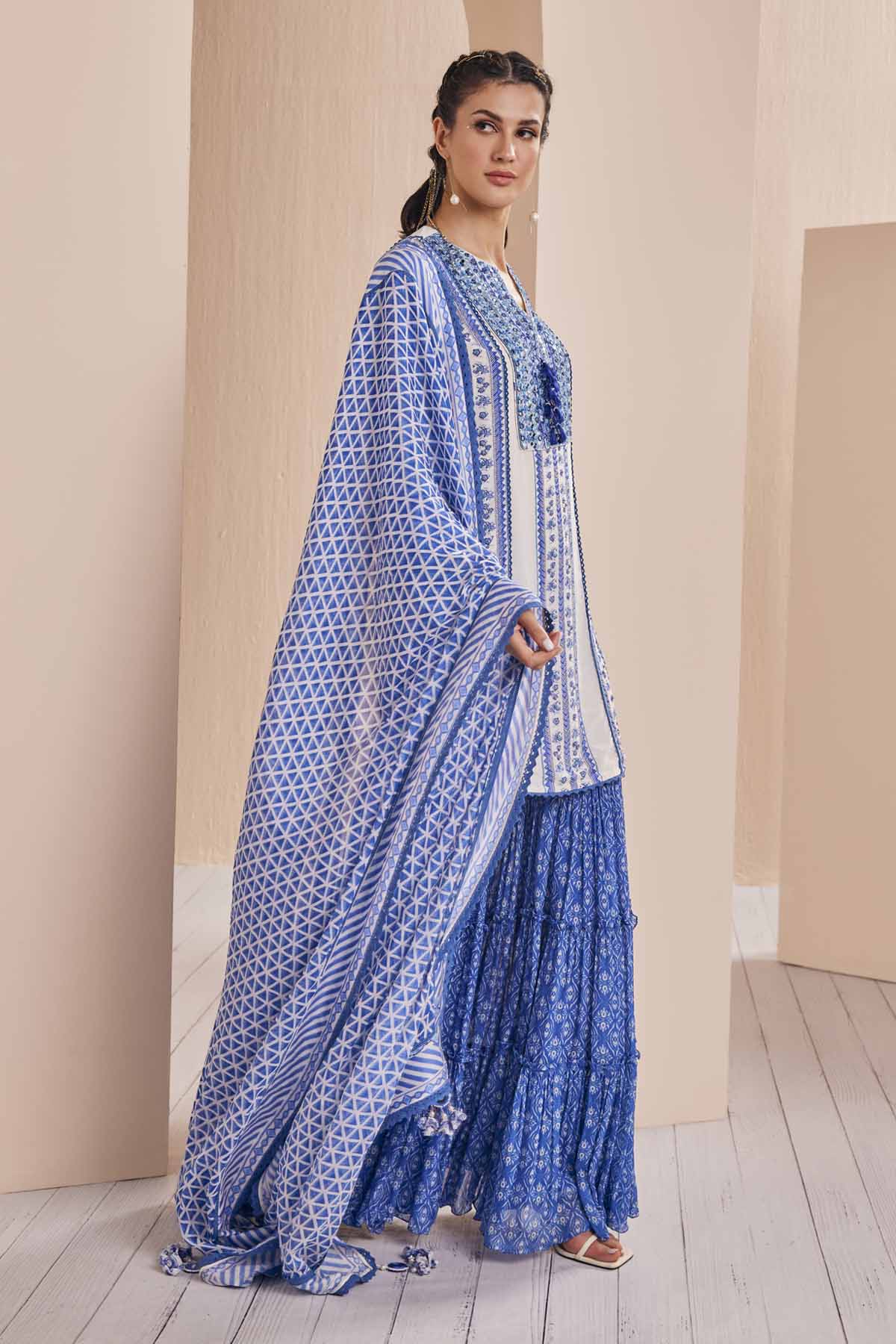 Blue Print Embroidered Kurta Set