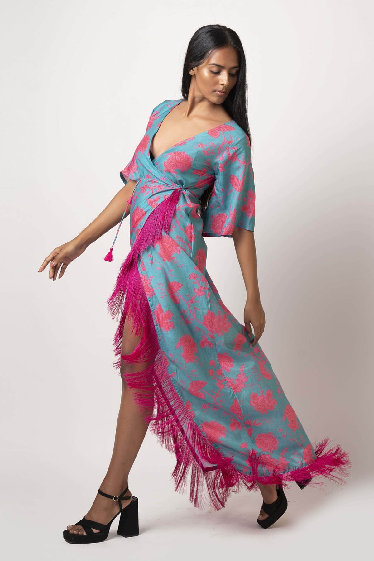 Blue Muslin Floral Wrap Dress