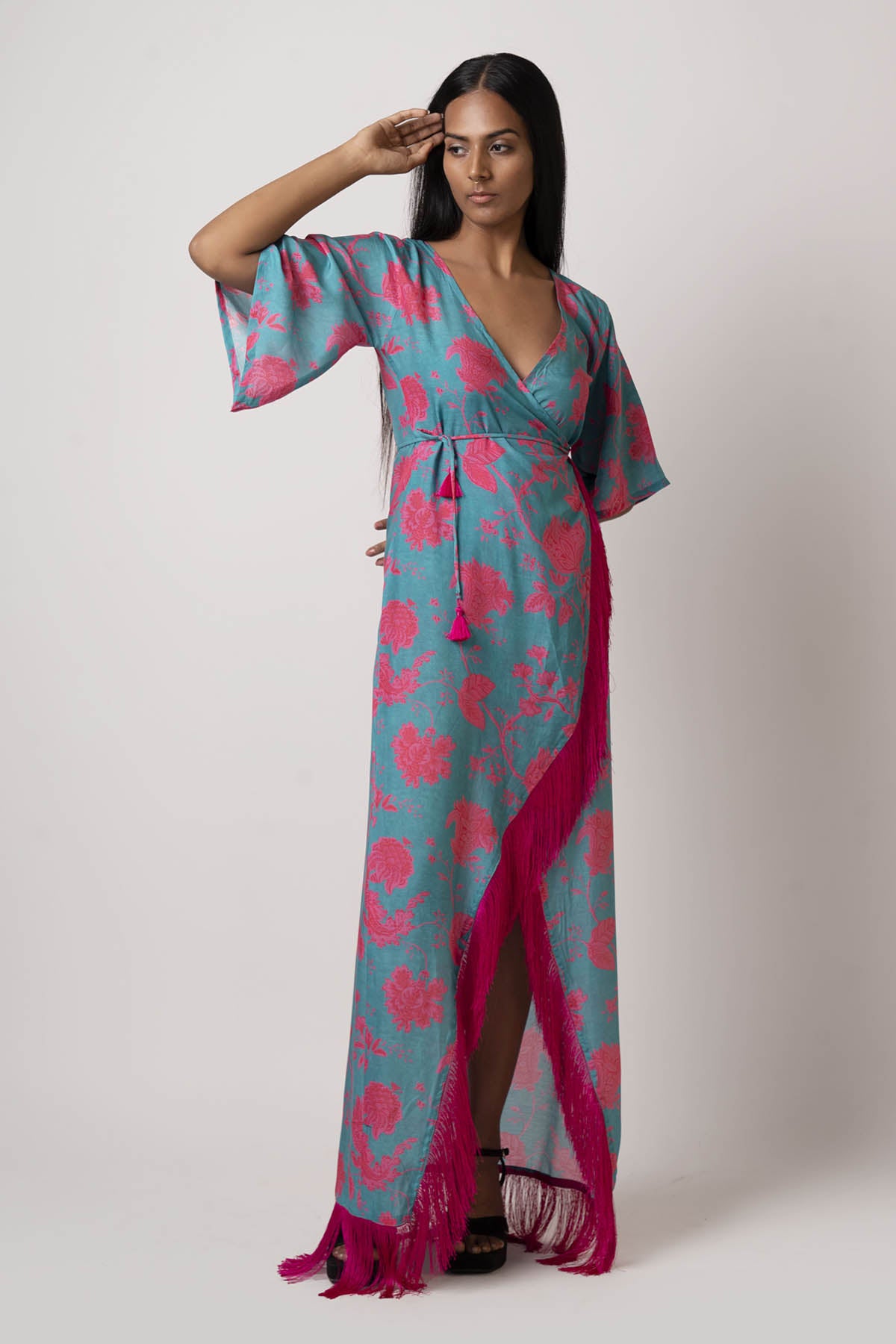 Blue Muslin Floral Wrap Dress