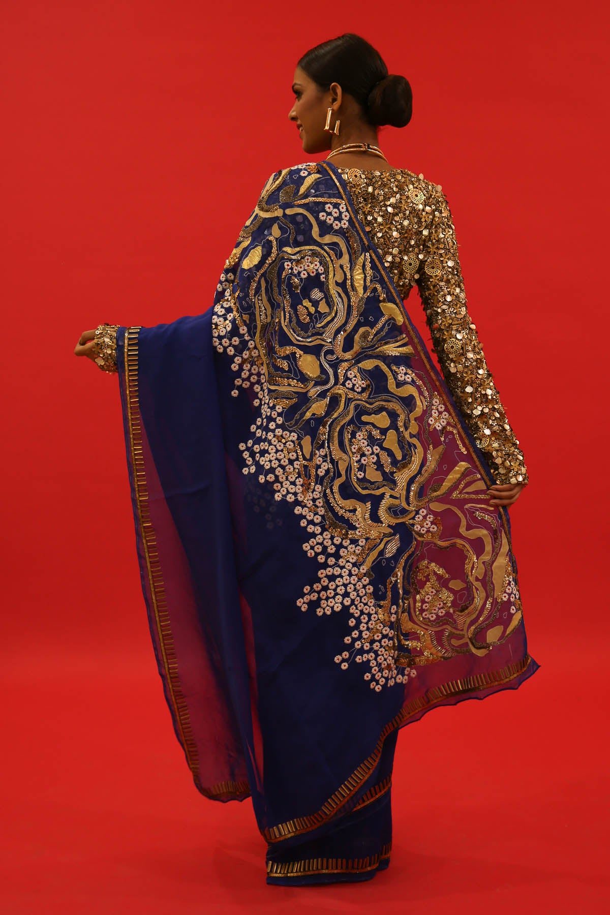 Blue Organza Embroidered Saree Set