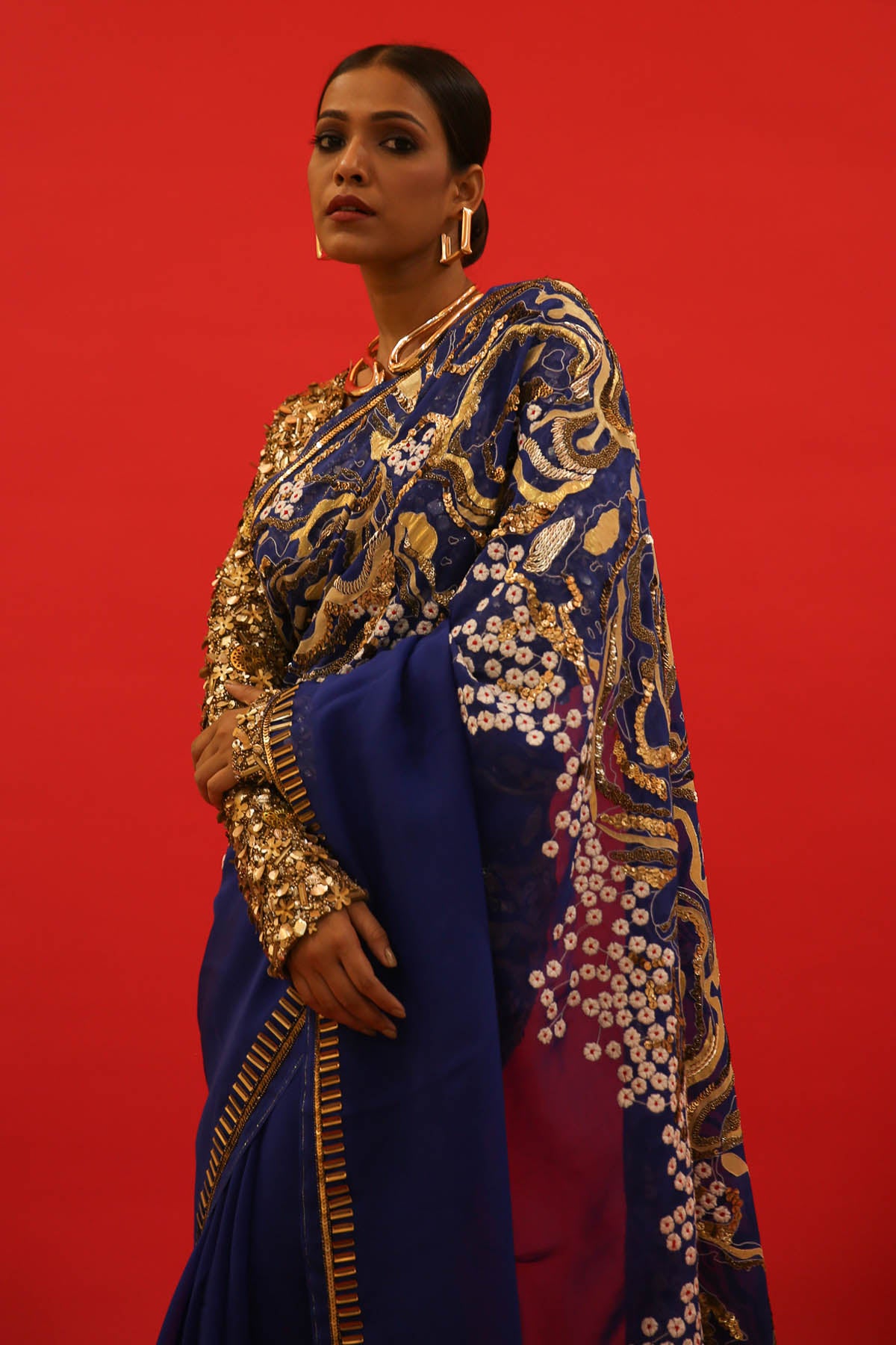 Blue Organza Embroidered Saree Set