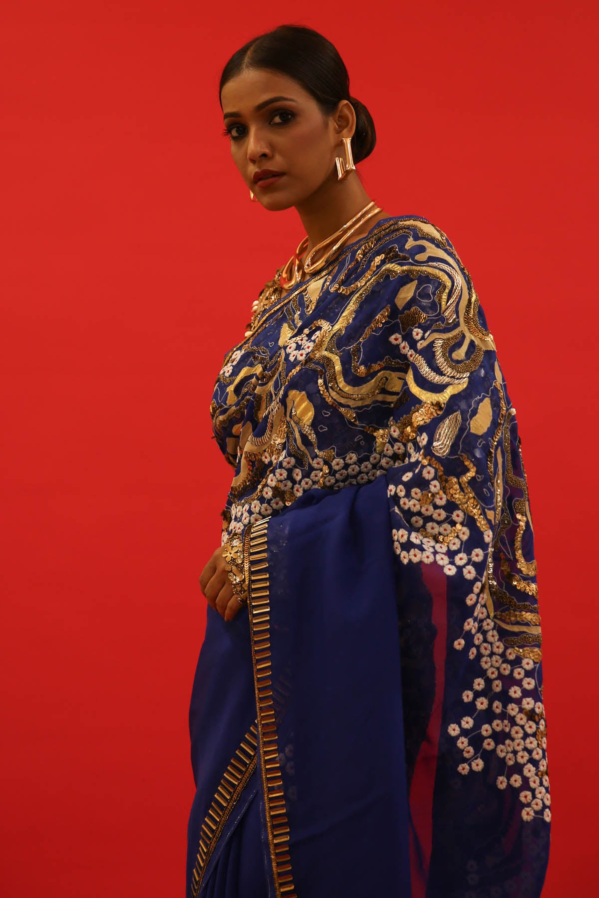 Blue Organza Embroidered Saree Set