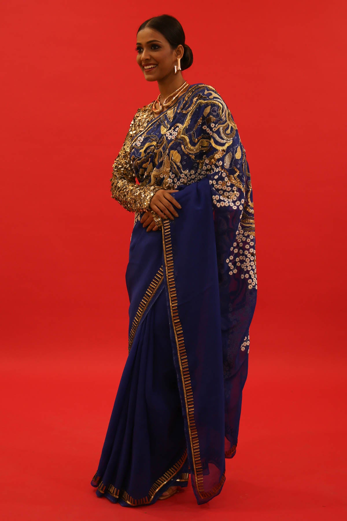 Blue Organza Embroidered Saree Set