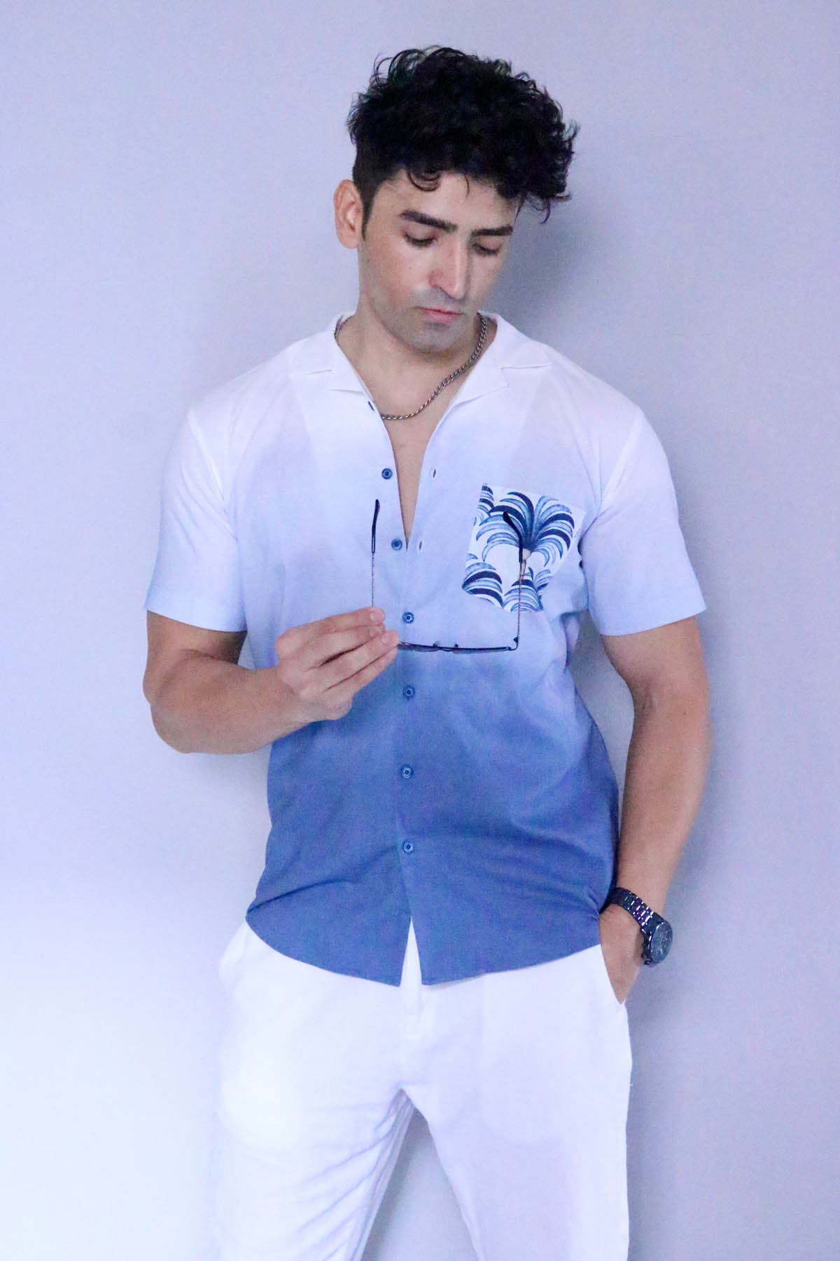 Blue Palm Tree Print Shirt