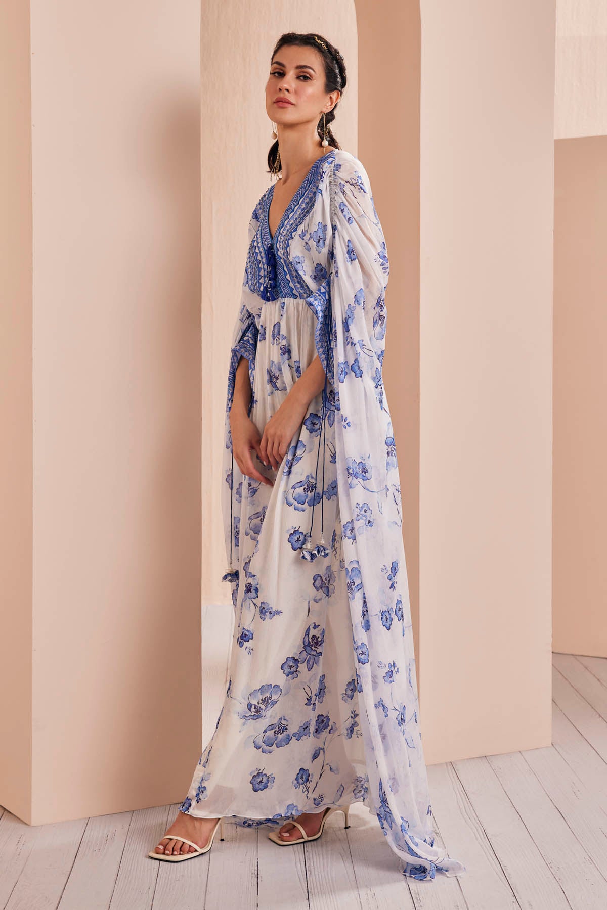 Buy Blue Periwinkle Floral Chiffon Kaftan By Mandira Wirk Online Buy Blue Periwinkle Floral Chiffon Kaftan By Mandira Wirk Online