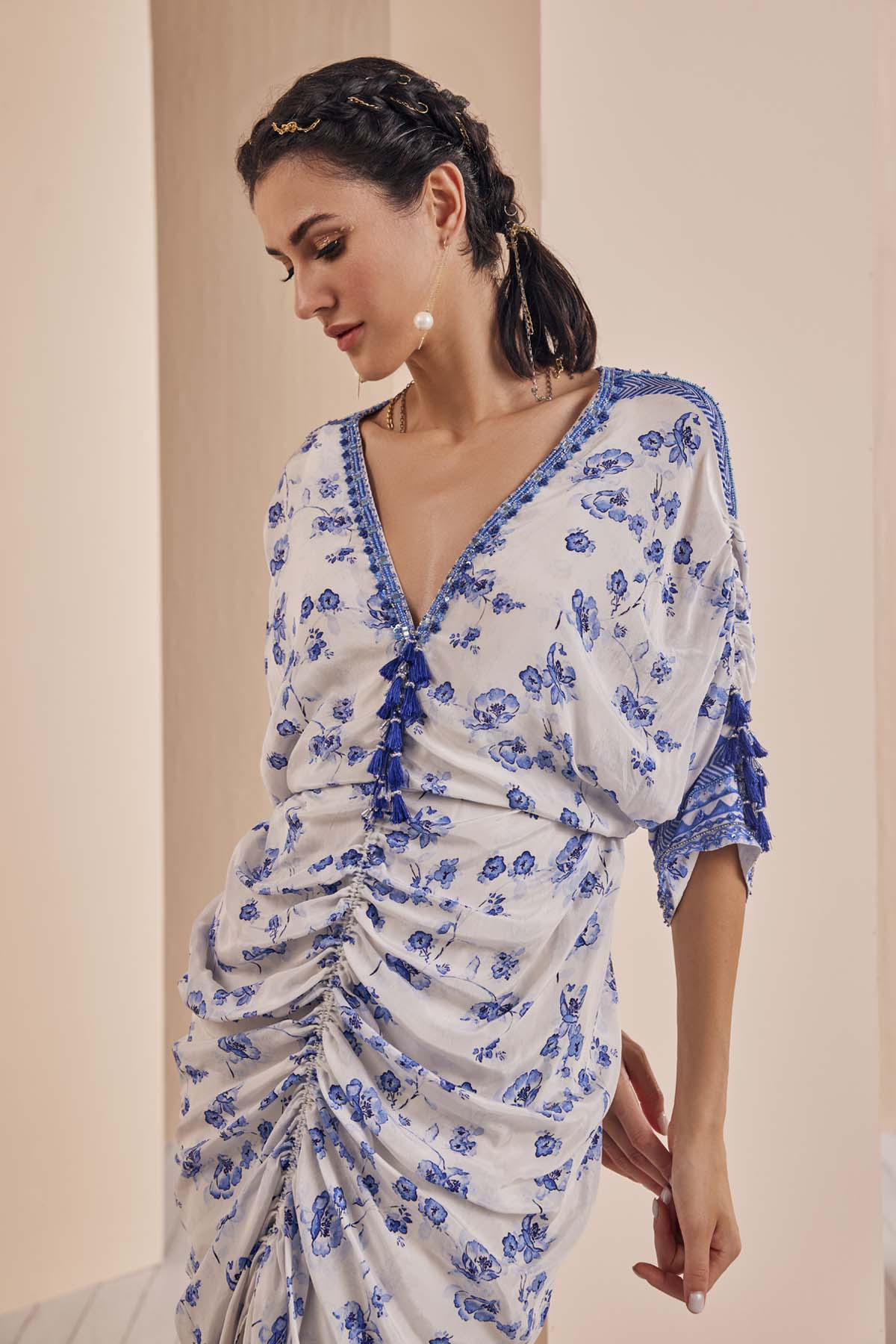 Blue Periwinkle Floral Ruched Kaftan