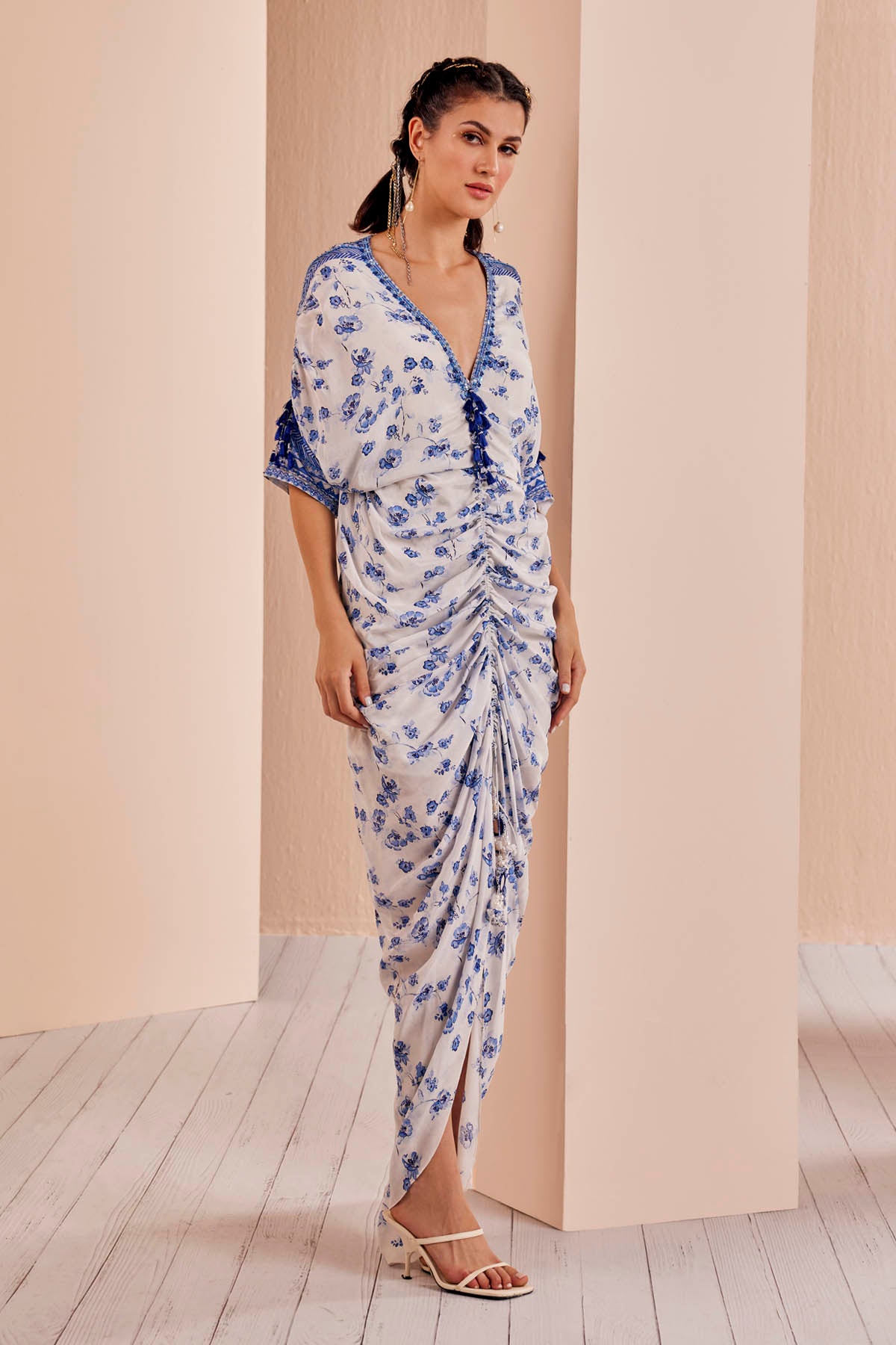Blue Periwinkle Floral Ruched Kaftan