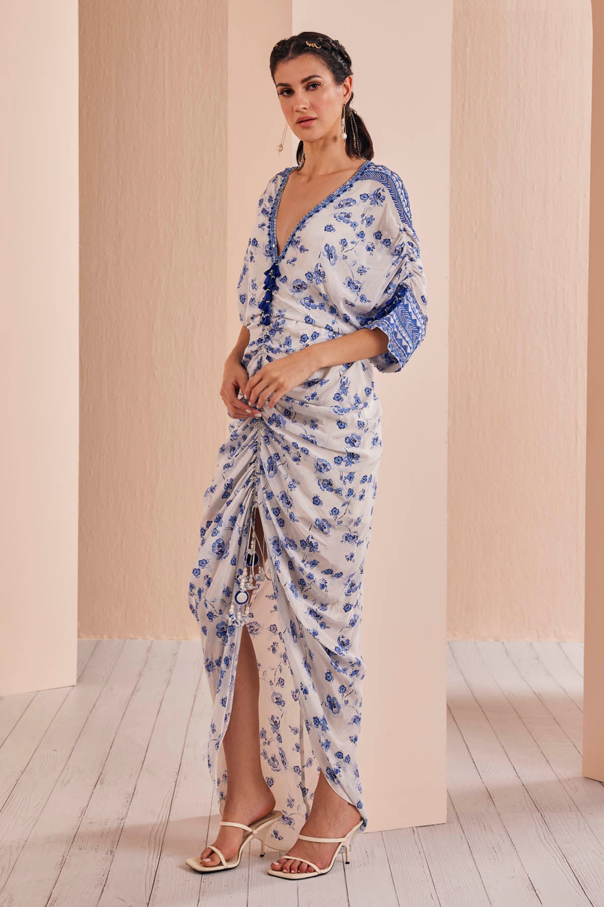 Blue Periwinkle Floral Ruched Kaftan