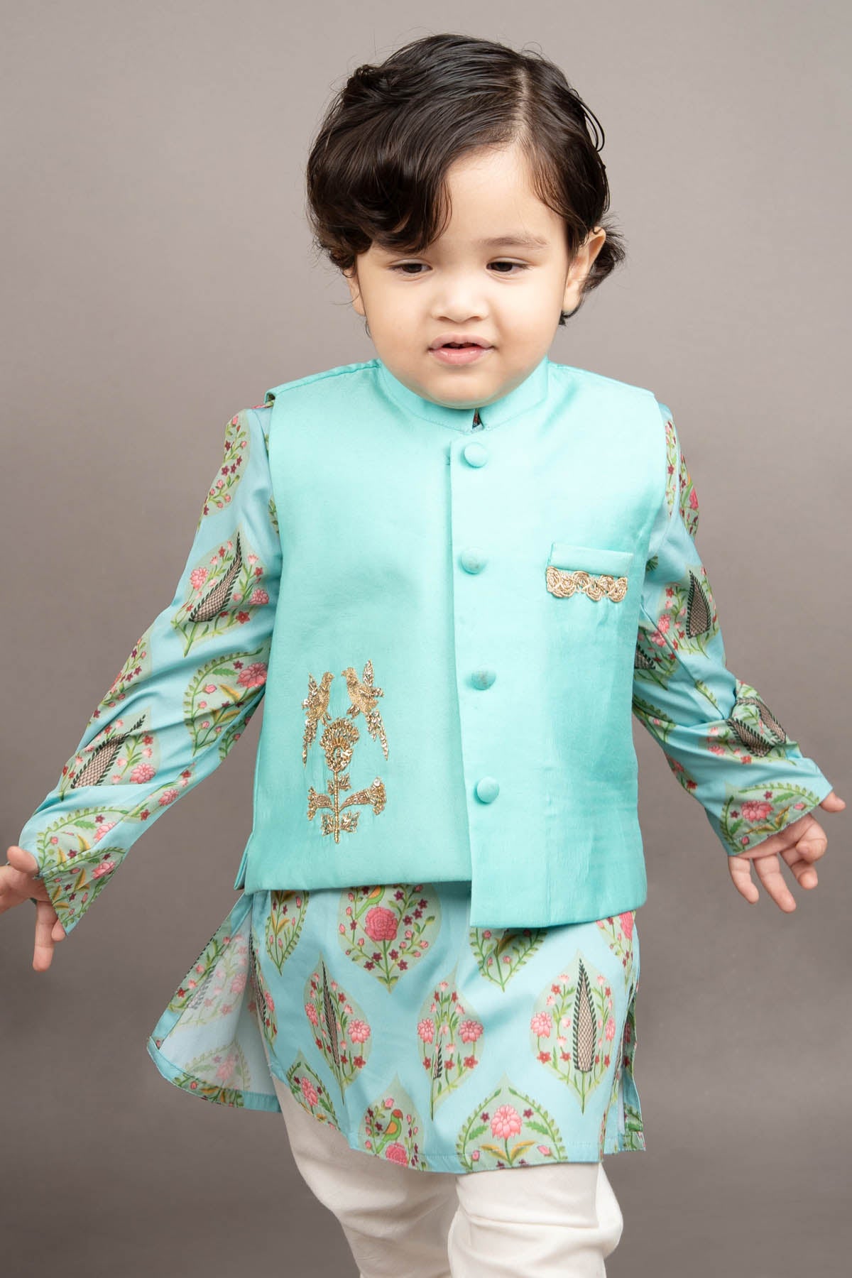 Blue Print Kurta Set & Jacket