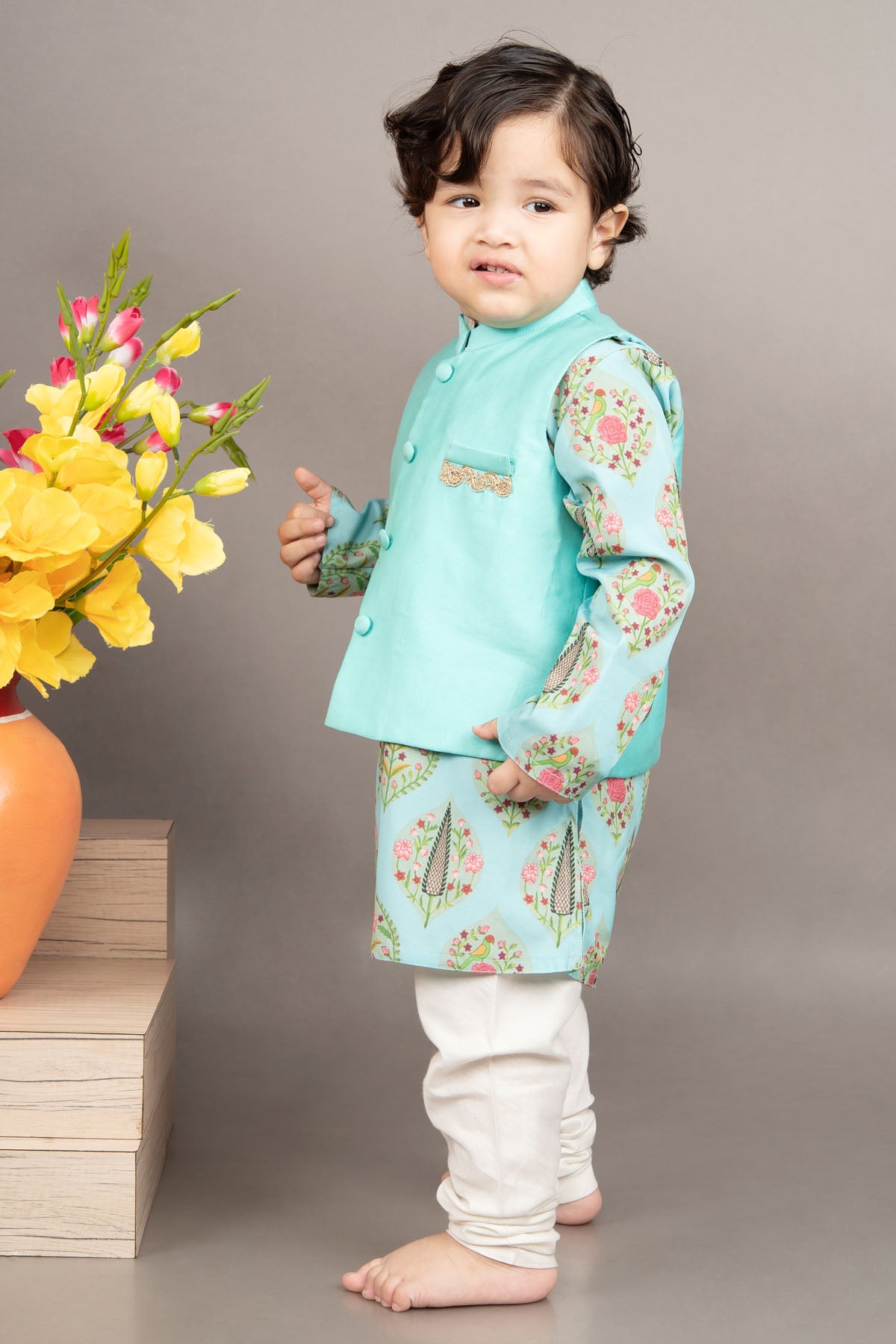 Blue Print Kurta Set & Jacket