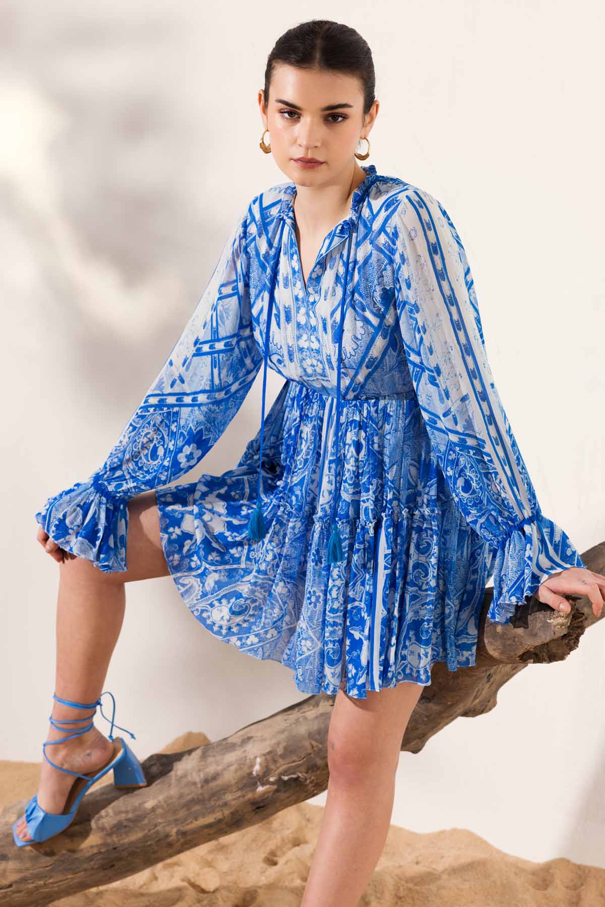 Blue Printed Boho Short Dress