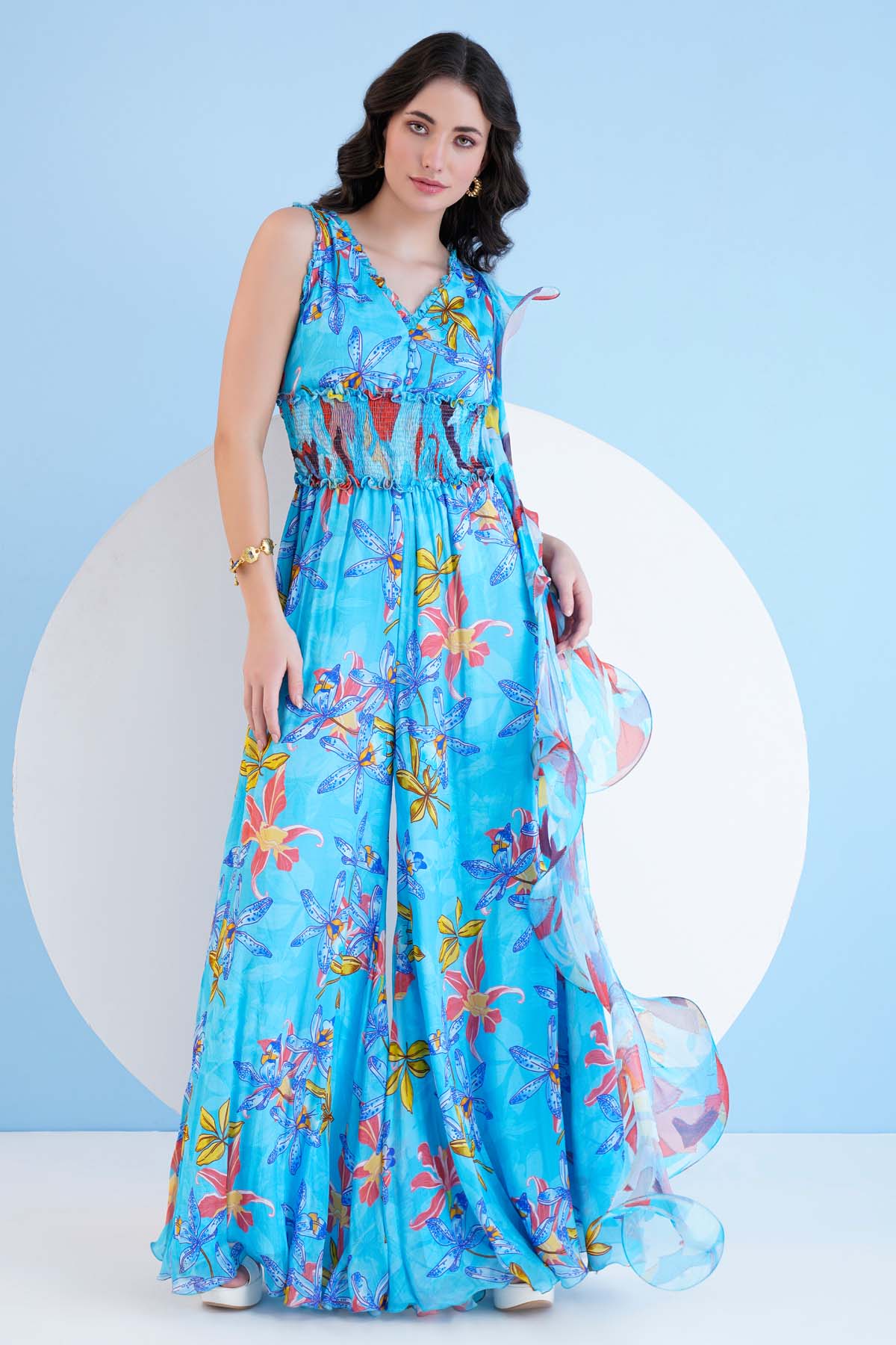 Blue Printed Chiffon Jumpsuit