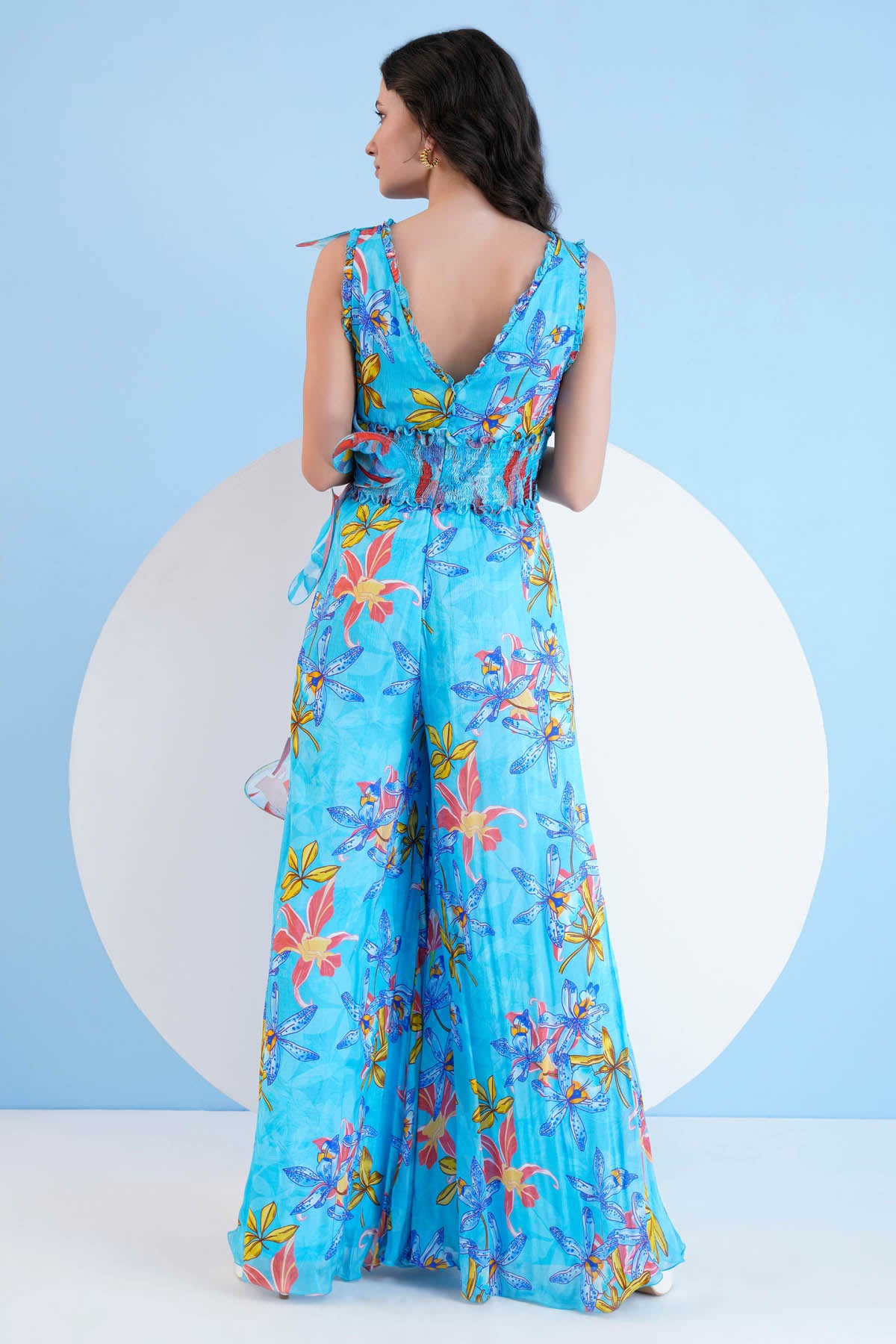 Blue Printed Chiffon Jumpsuit