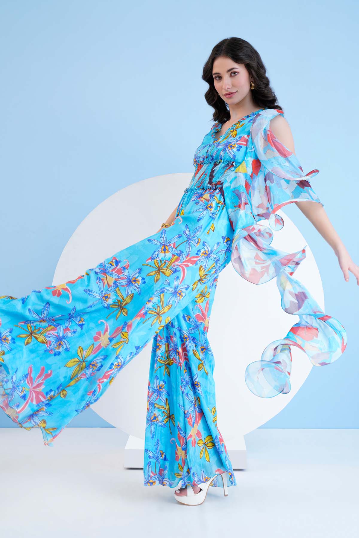 Blue Printed Chiffon Jumpsuit