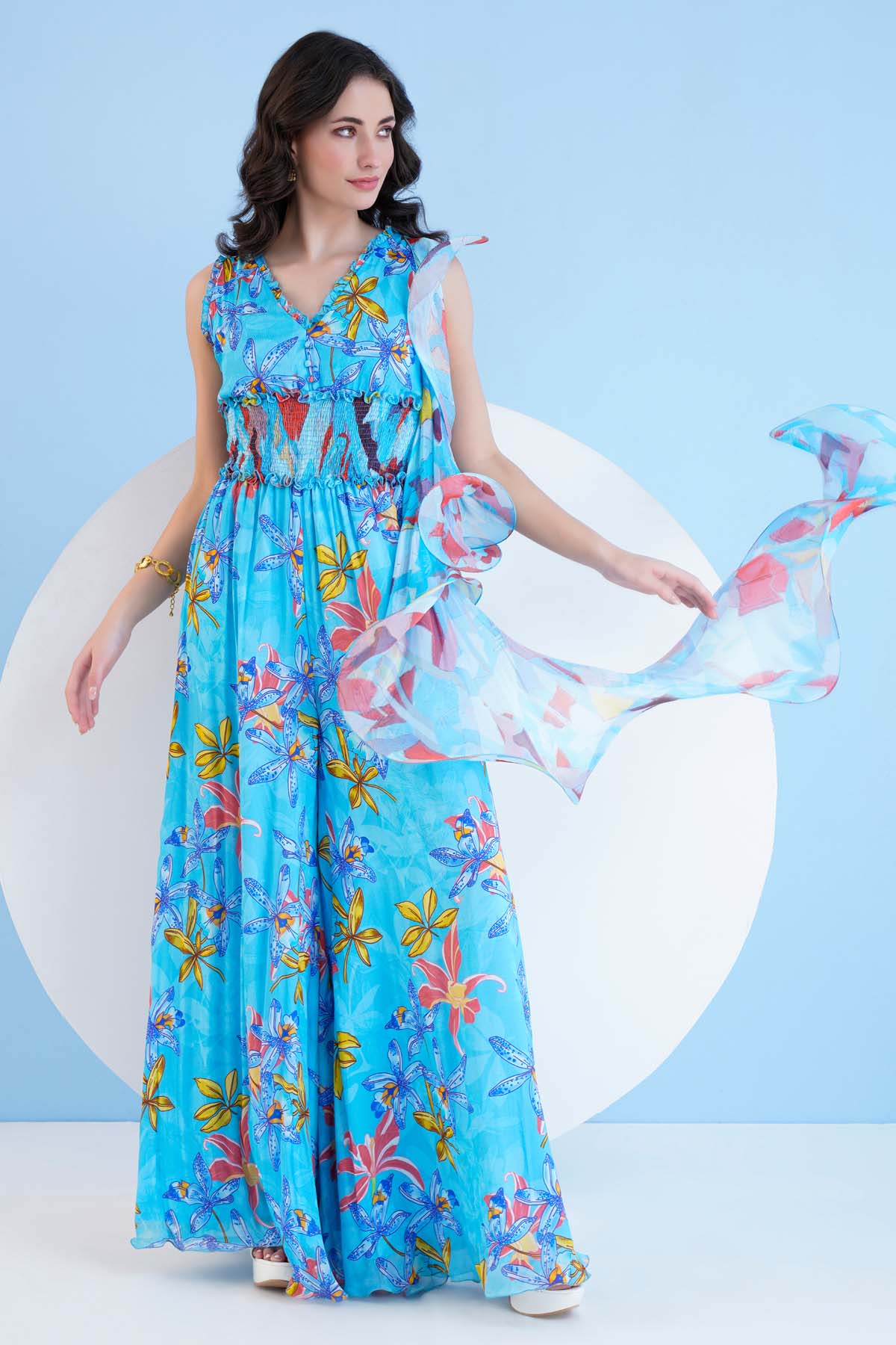 Blue Printed Chiffon Jumpsuit