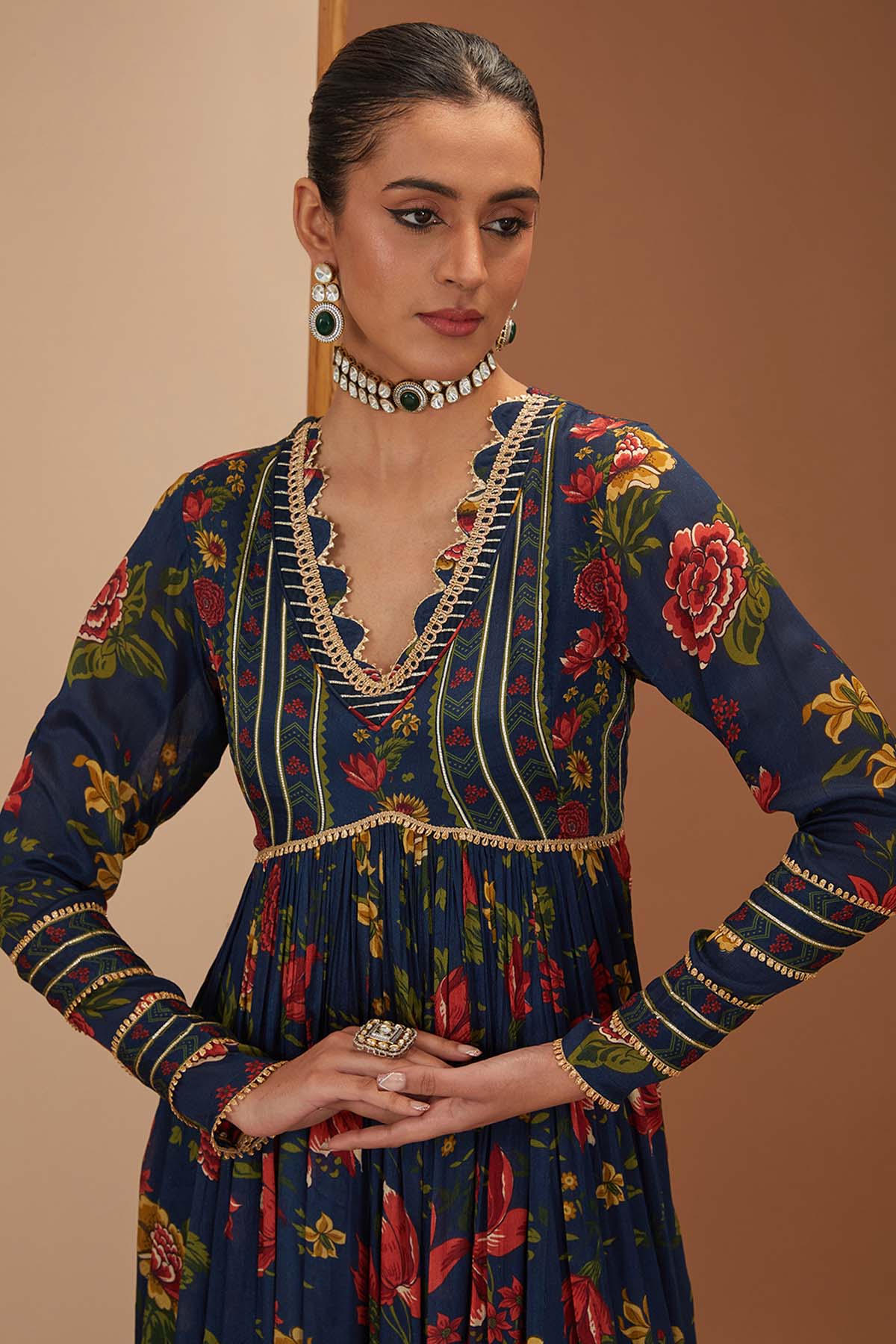 Blue Printed Gota Anarkali Set