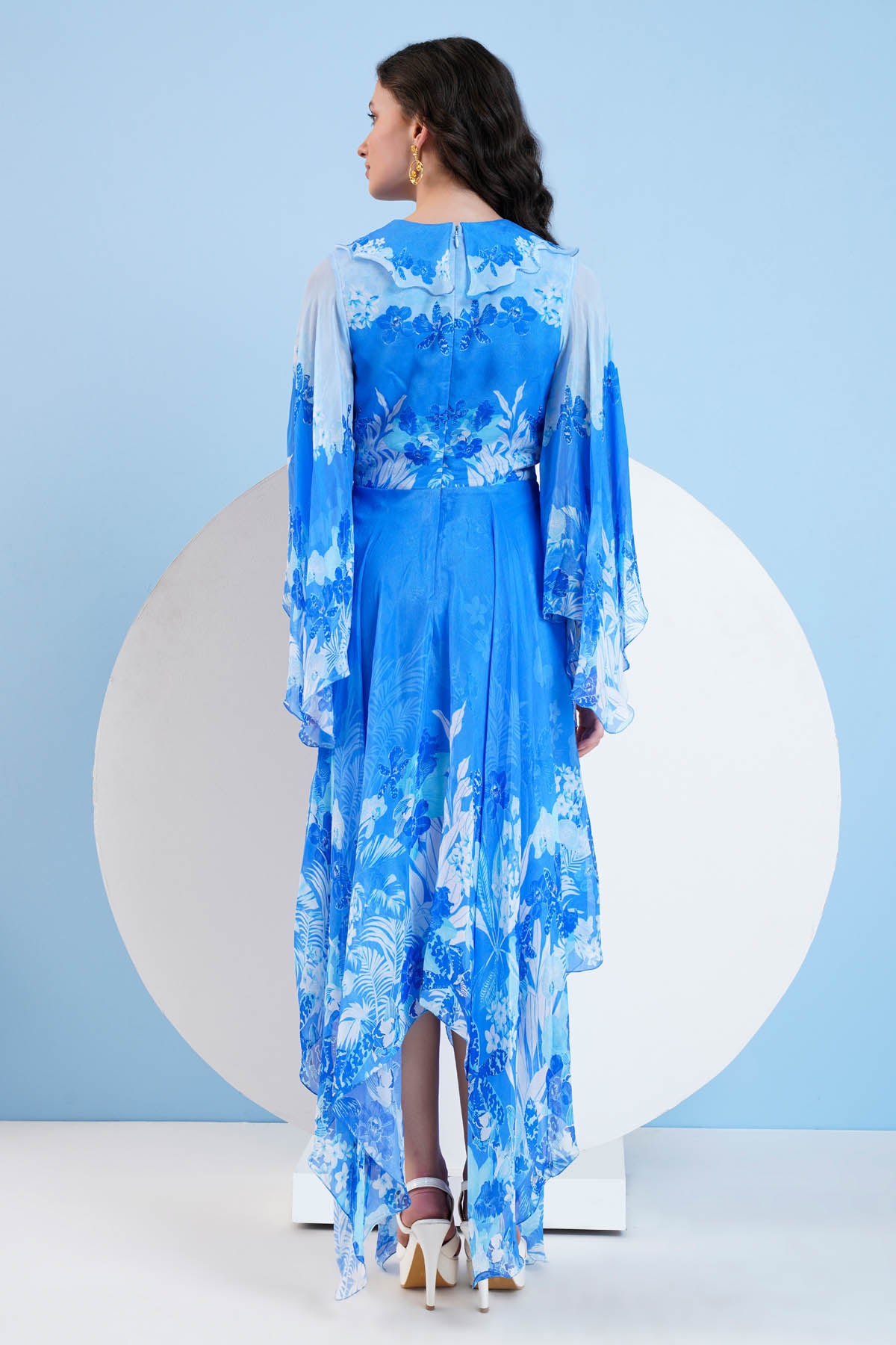 Blue Printed High Low Dress