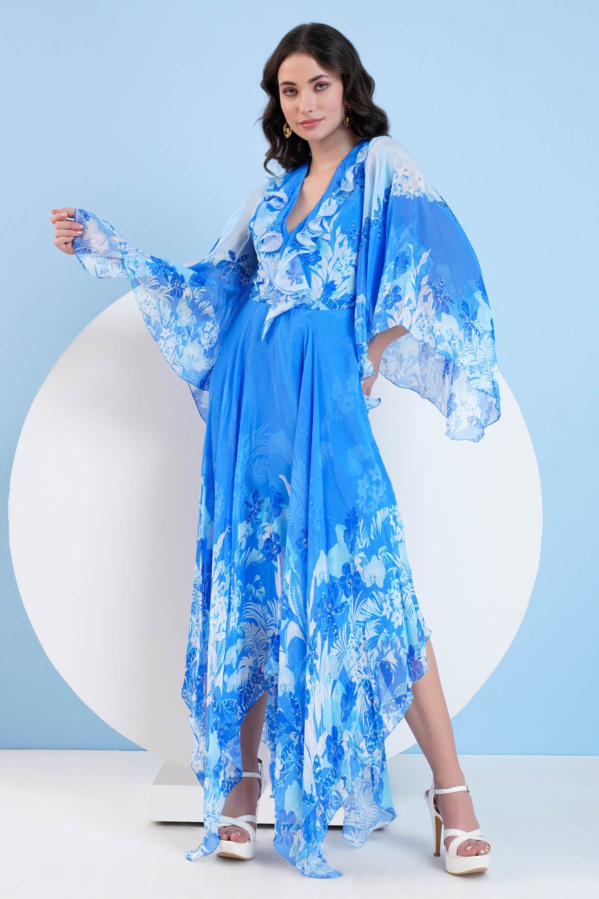 Blue Printed High Low Dress