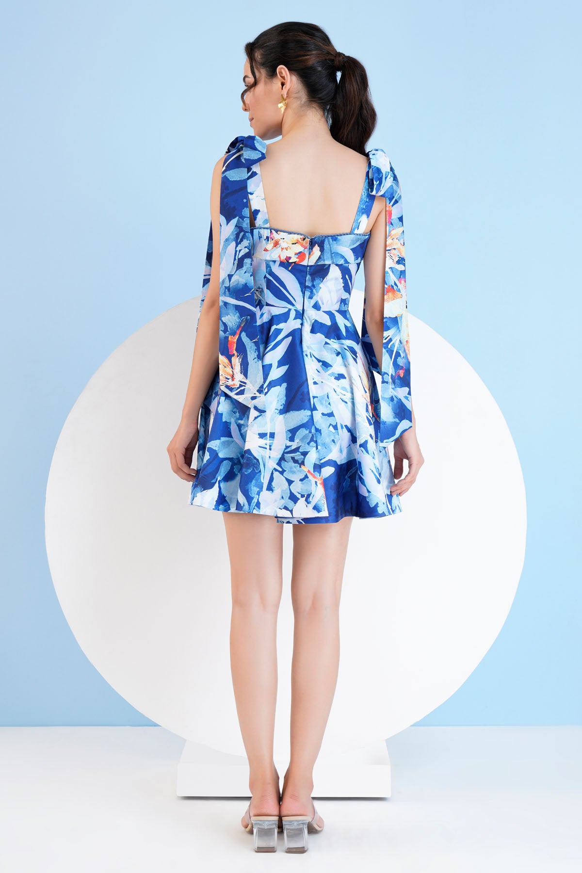 Blue Printed Short Satin Dress