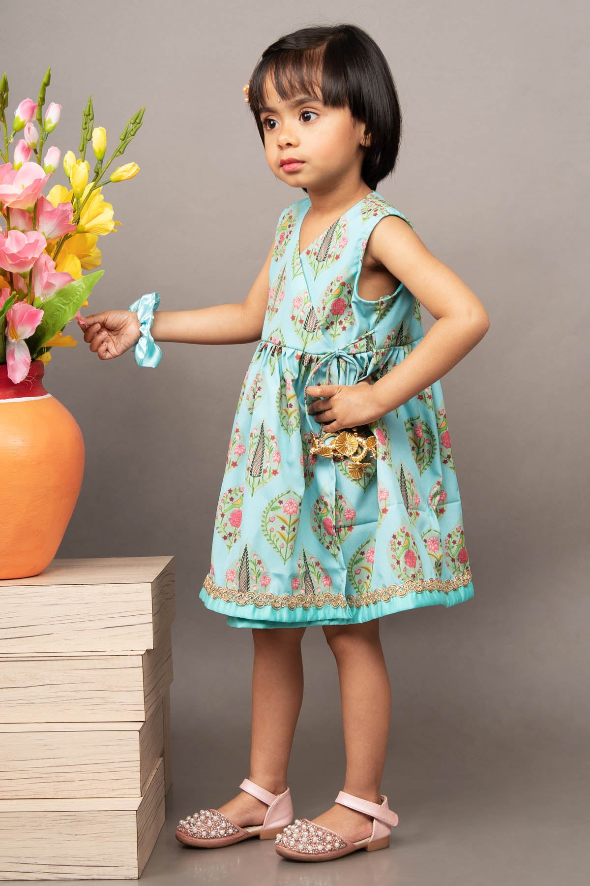 Blue Printed Sleeveless Dress