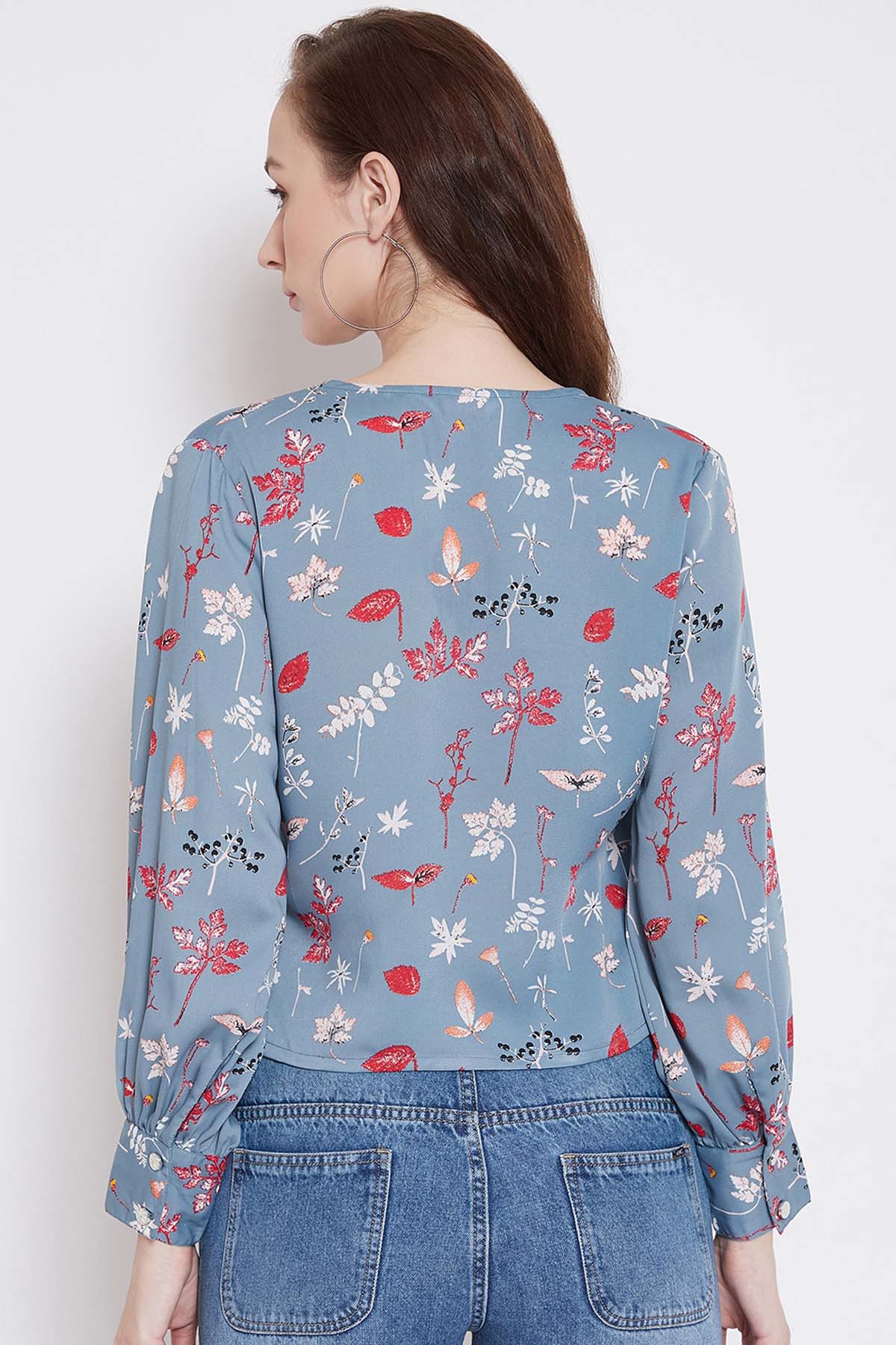 Blue Printed Wrap Style Top