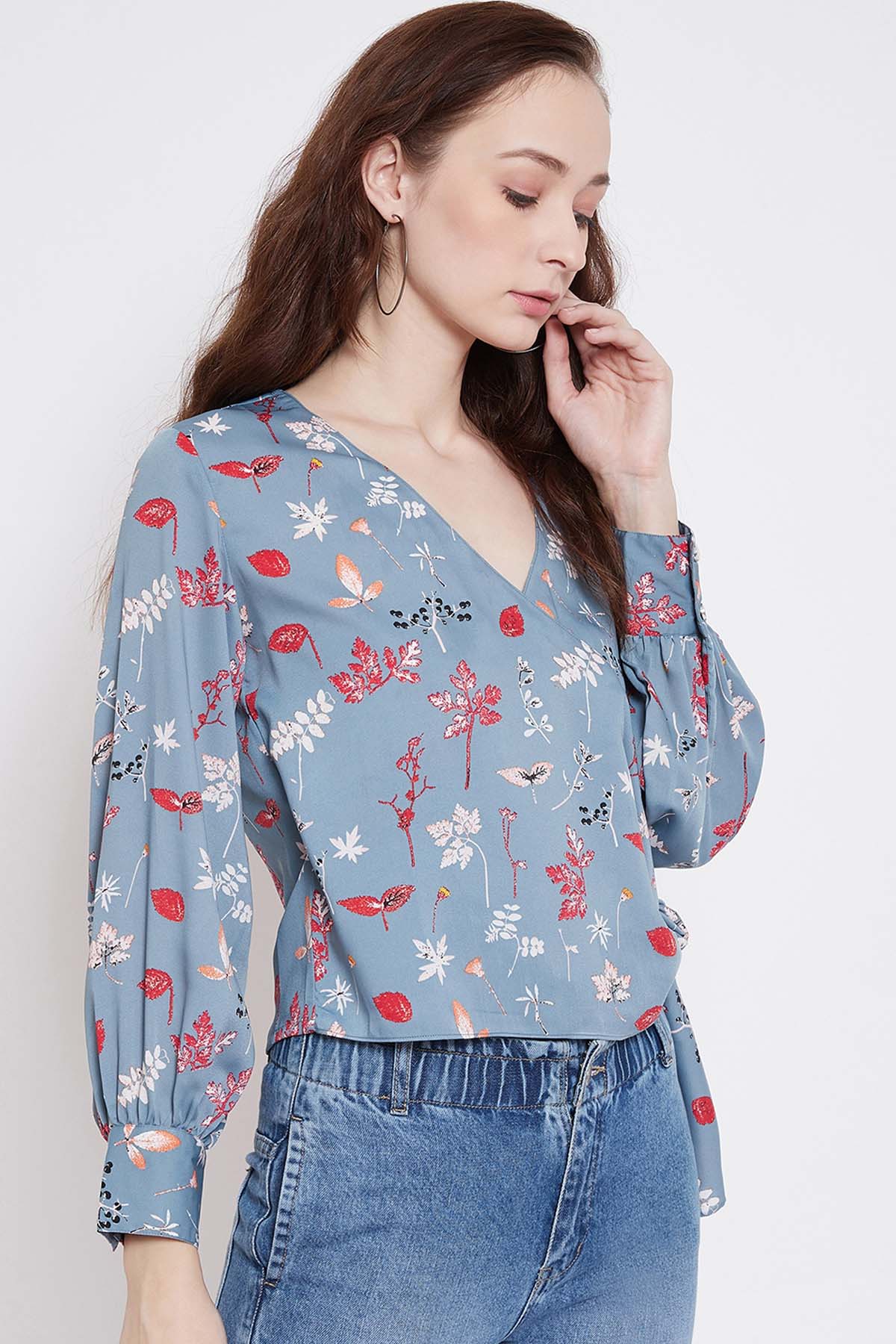 Blue Printed Wrap Style Top