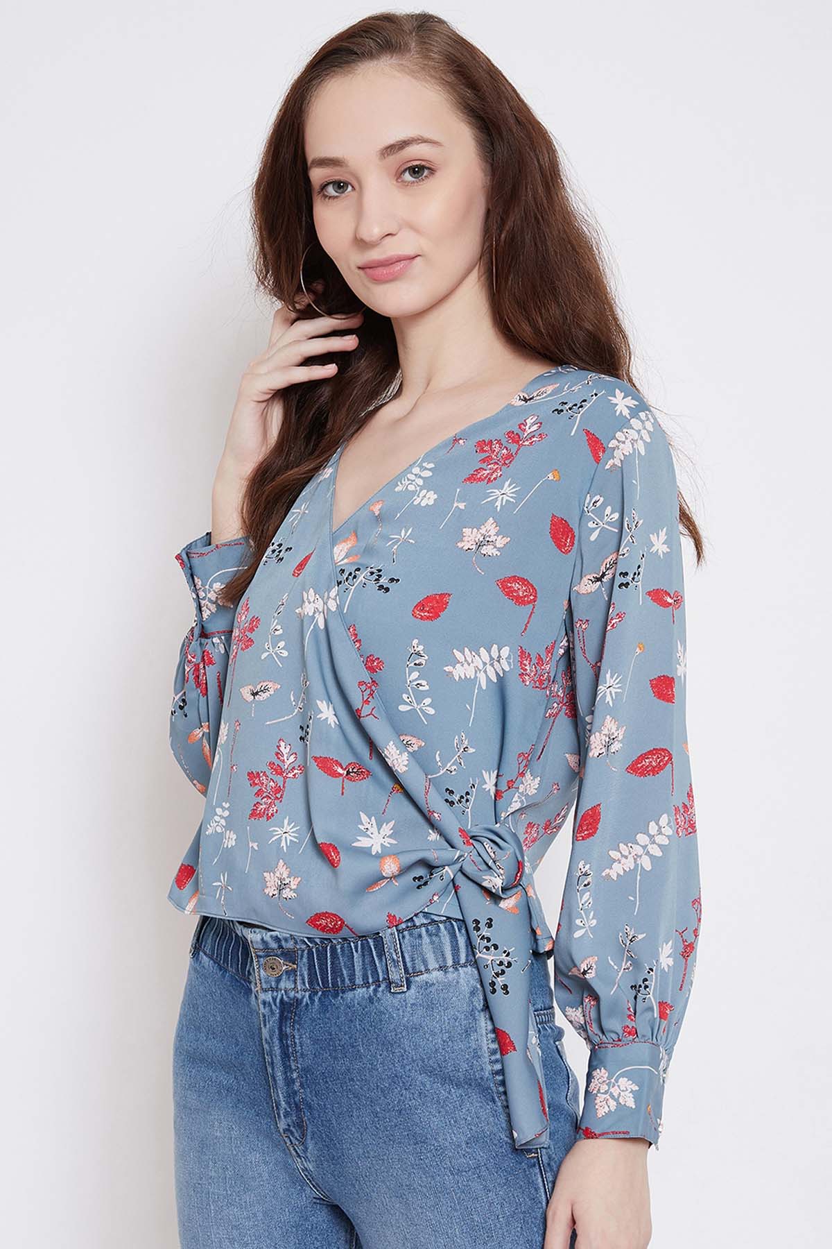 Blue Printed Wrap Style Top