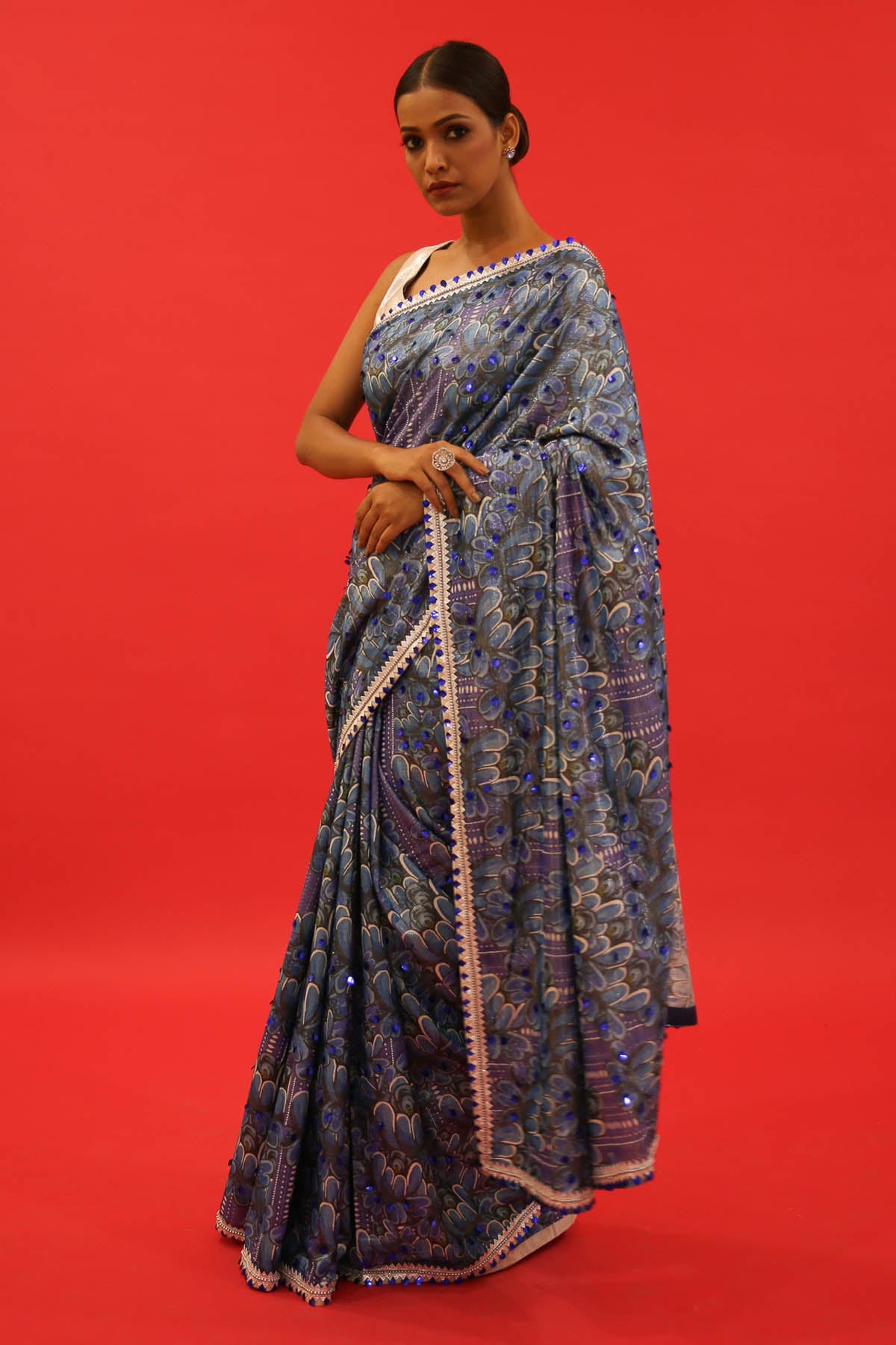 Blue Printed & Embroidered Saree Set