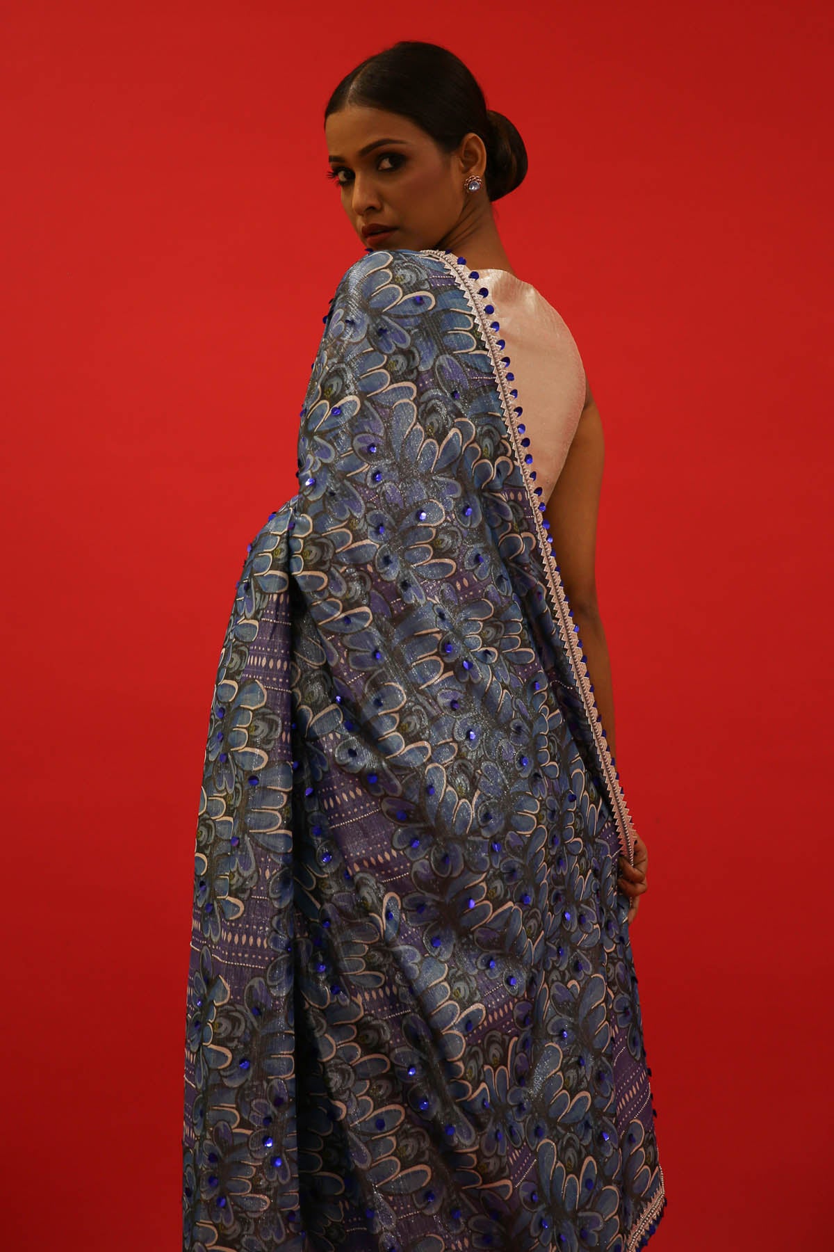 Blue Printed & Embroidered Saree Set